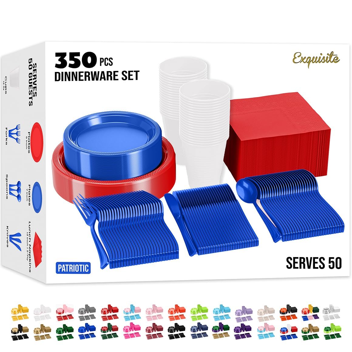 4th of July Party Supplies Set - 350 Pcs Red White & Blue Patriotic Dinnerware Kit with 9