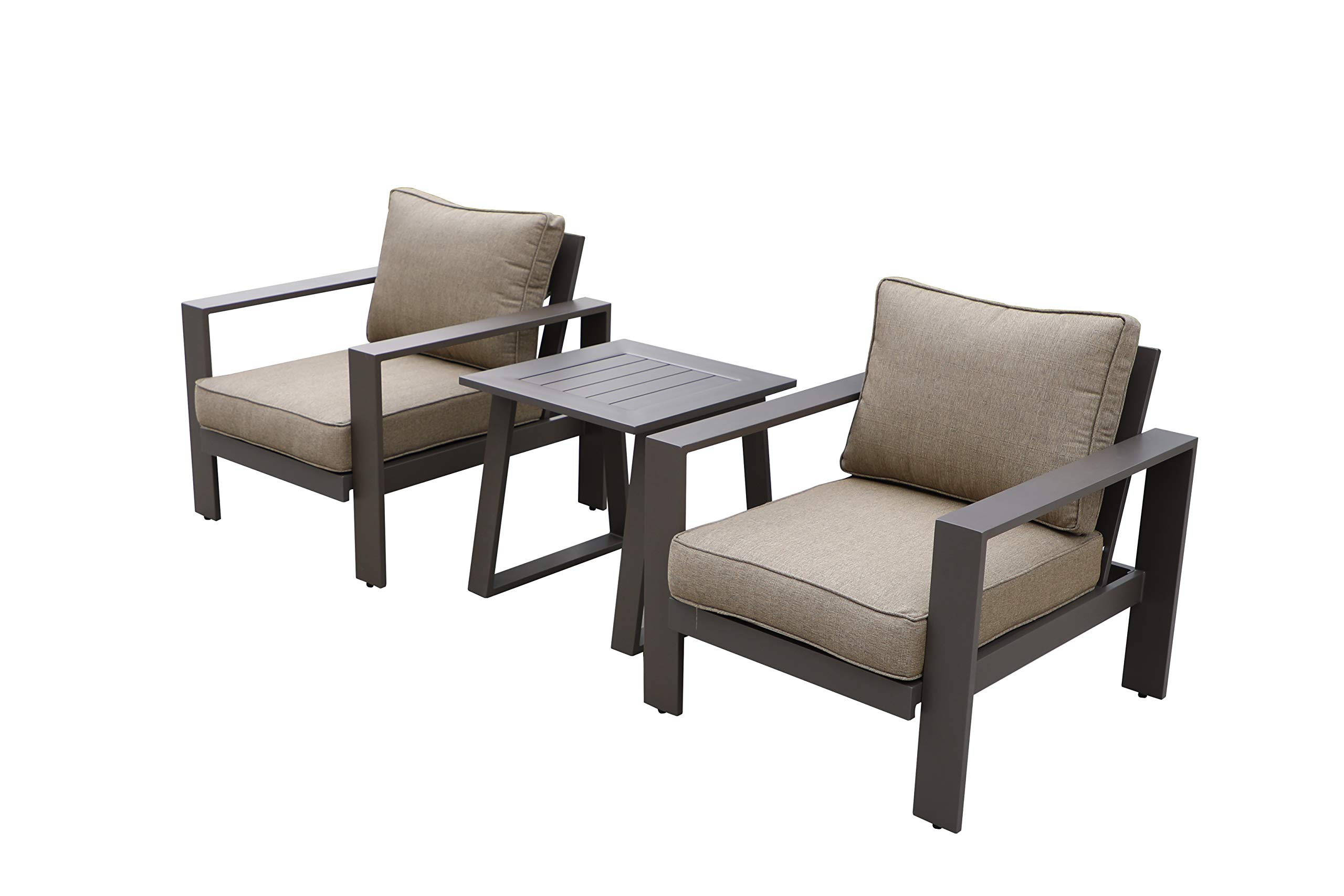 All-Weather Outdoor Patio Furniture Set - 2 Club Chairs with Side Table, Chocolate Cushion - Waterproof & UV Resistant for Backyard, Garden, Poolside Relaxation