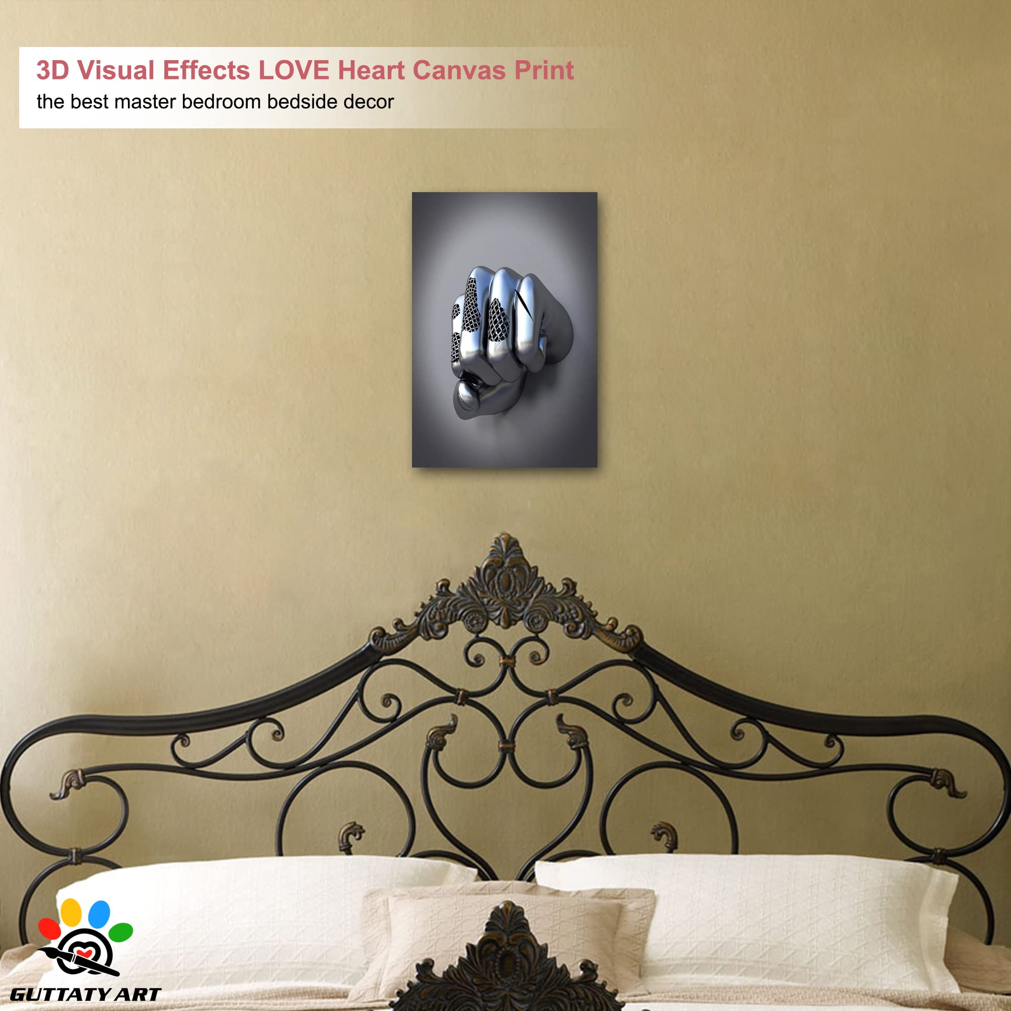3D Metal Effect Fist Canvas Wall Art - Modern Silver Framed Wall Decor for Men's Bedroom & Living Room - 12x18 Inches Valentine's Day Gift - Perfect for Home Office, Man Cave, and Contemporary Interior Design