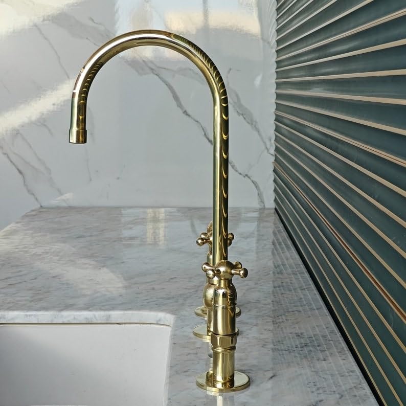 8 Inch Unlacquered Solid Brass Bridge Kitchen Faucet with Cross Handles & Straight Legs - Includes Sprayer for Modern Farmhouse Sink (Perfect for Vintage Style Kitchen Renovation)