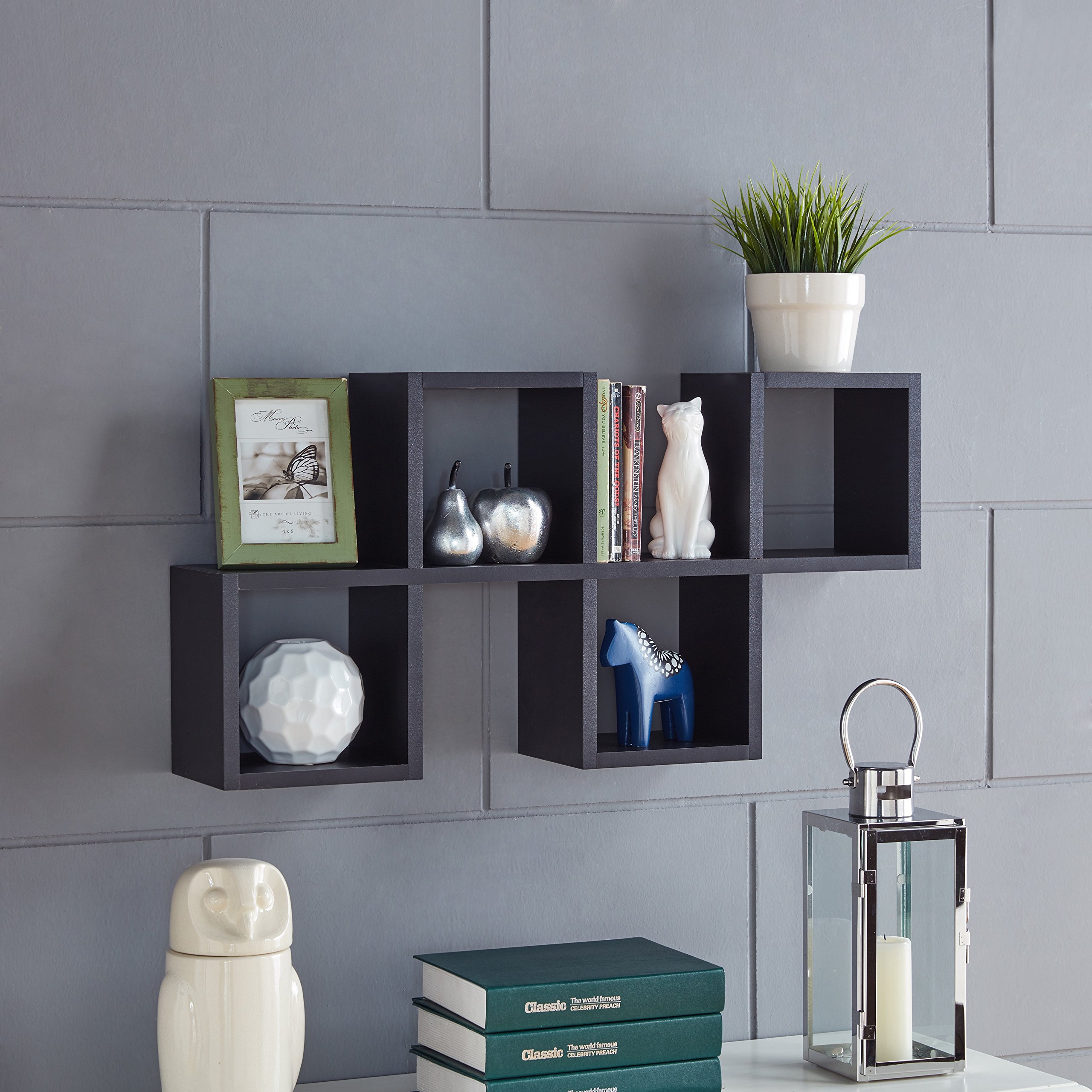 Danya B. Cubby Chessboard Wall Shelf - Horizontal or Vertical Mount, Black Wooden Organizer for Living Room, Bedroom & Office Storage