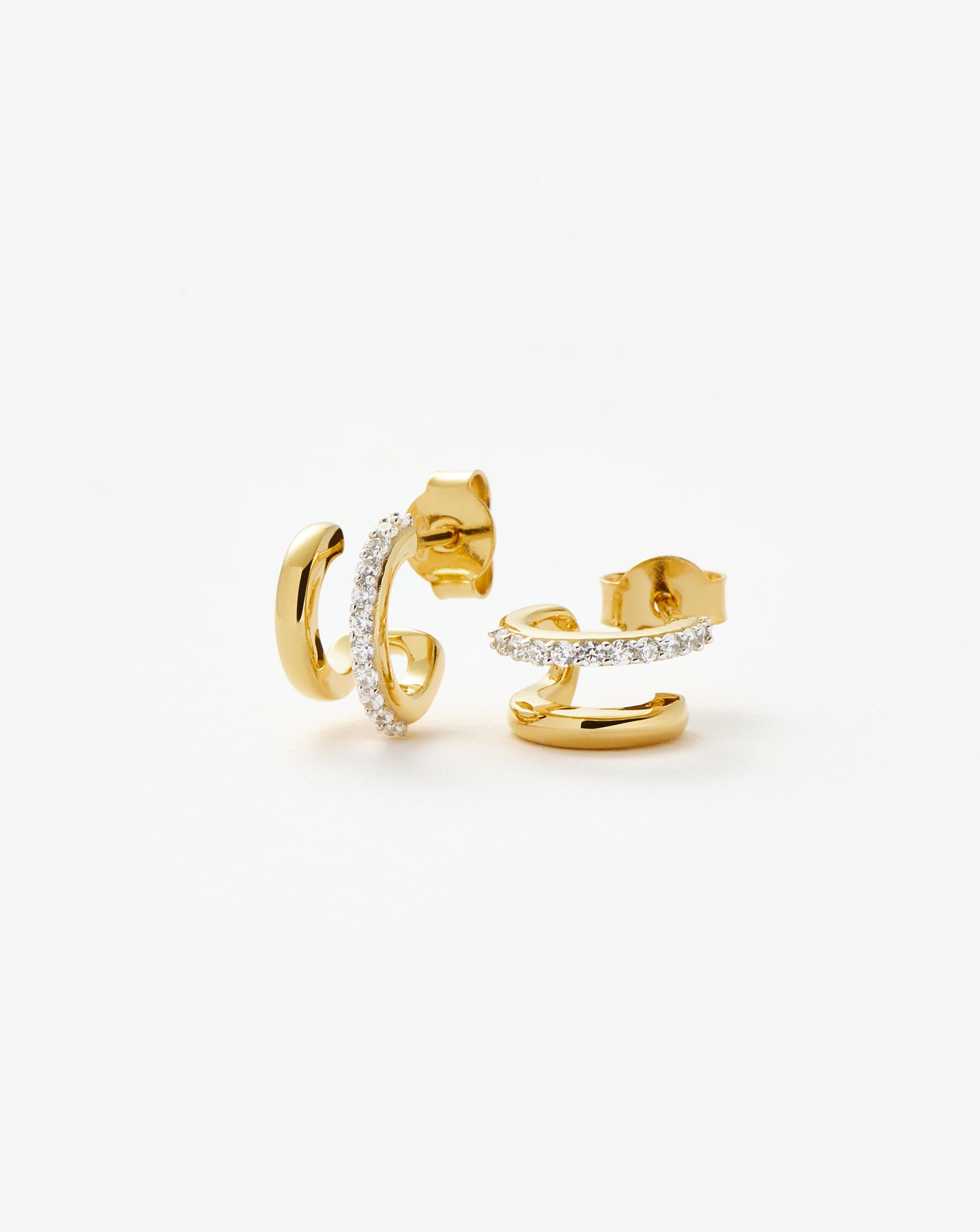 18k Gold Vermeil Double Huggie Hoop Earrings with Cubic Zirconia - Classic Minimalist Jewelry for Everyday Wear & Special Occasions