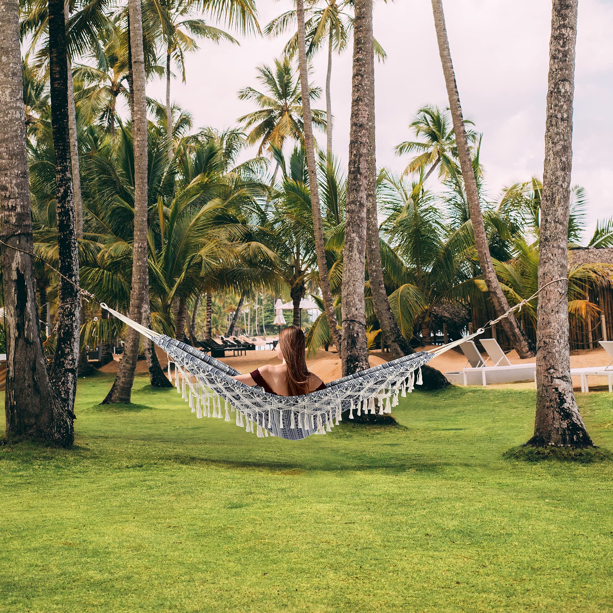 Premium Cotton Garden Hammock with Tassels - 2 Person Indoor/Outdoor Hammock with Carry Bag - Macrame Fringe Design for Patio, Porch, Backyard & Beach - Supports Up to 450Lbs (Blue-White) - Perfect for Relaxing, Lounging & Outdoor Adventures