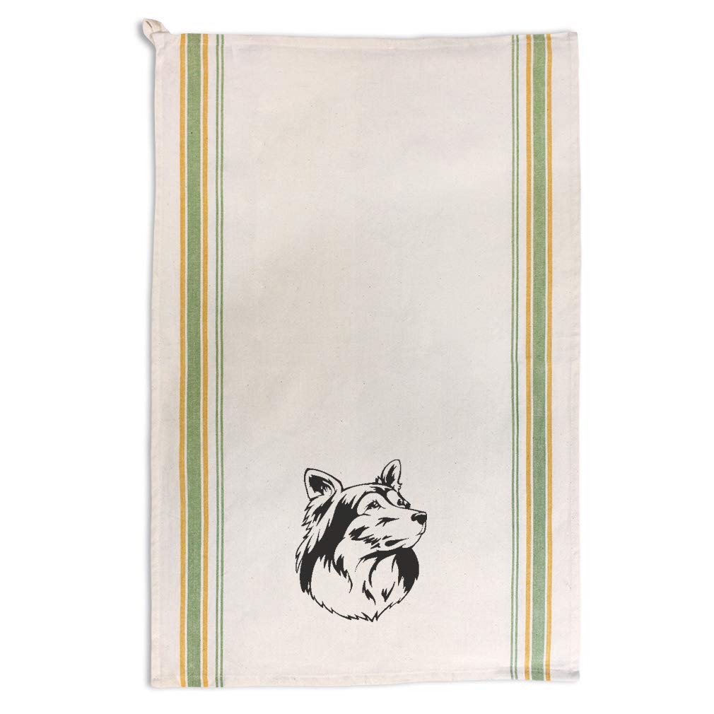Custom Shetland Sheepdog Head Kitchen Towels - Black Pet-Themed Dish Towels with Green Stripe Design for Dog Lovers | Perfect for Kitchen Cleaning, Dish Drying & Pet-Themed Home Decor