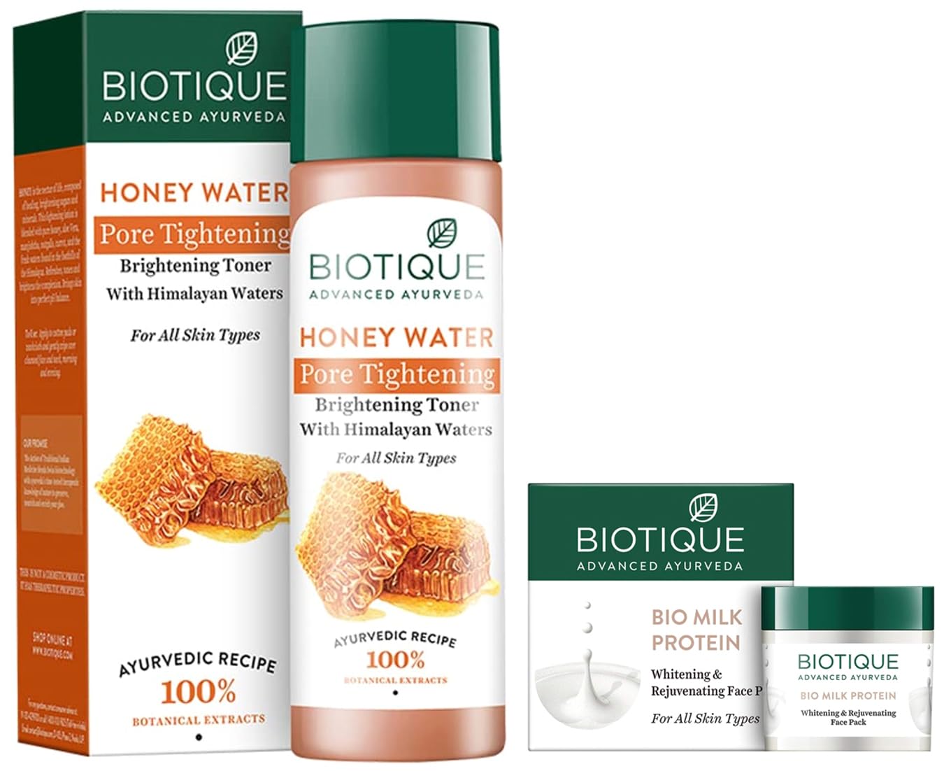 Biotique Bio Honey Water Clarifying Toner 120ml & Bio Milk Protein Whitening Face Pack 50g - Natural Skincare Set for All Skin Types | Hydrating Toner & Brightening Mask for Daily Glow Routine