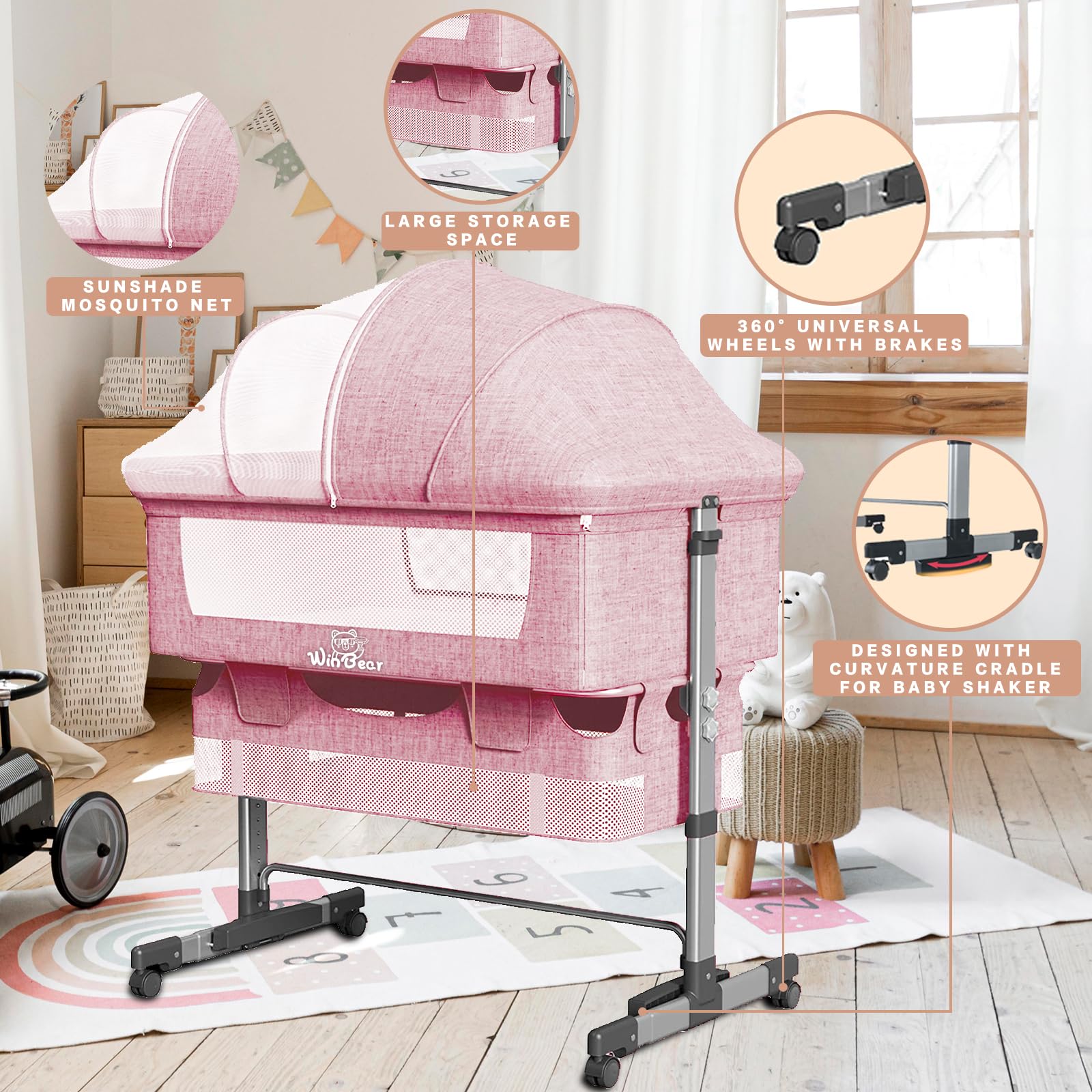 Napfox Portable Baby Bassinet - Adjustable Bedside Sleeper with Mosquito Net, Storage Bag & Lockable Wheels | Foldable Infant Bed for Newborns | Nursery, Travel & Co-Sleeping Solution (Pink)