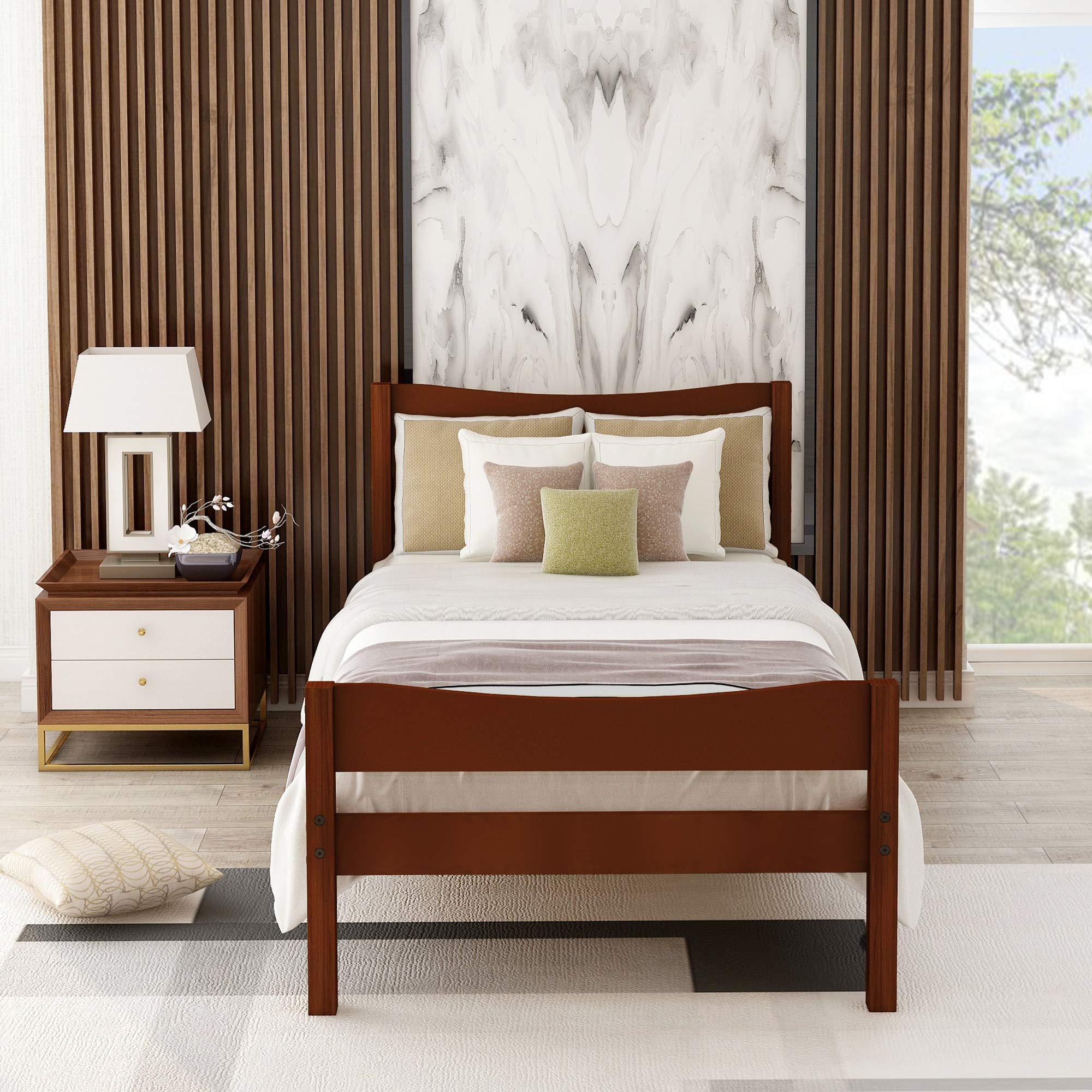 Kteam Twin Wood Platform Bed with Headboard - Rustic Style Solid Wood Bed Frame in Walnut Finish | Perfect for Small Bedrooms, Guest Rooms & Dorm Rooms