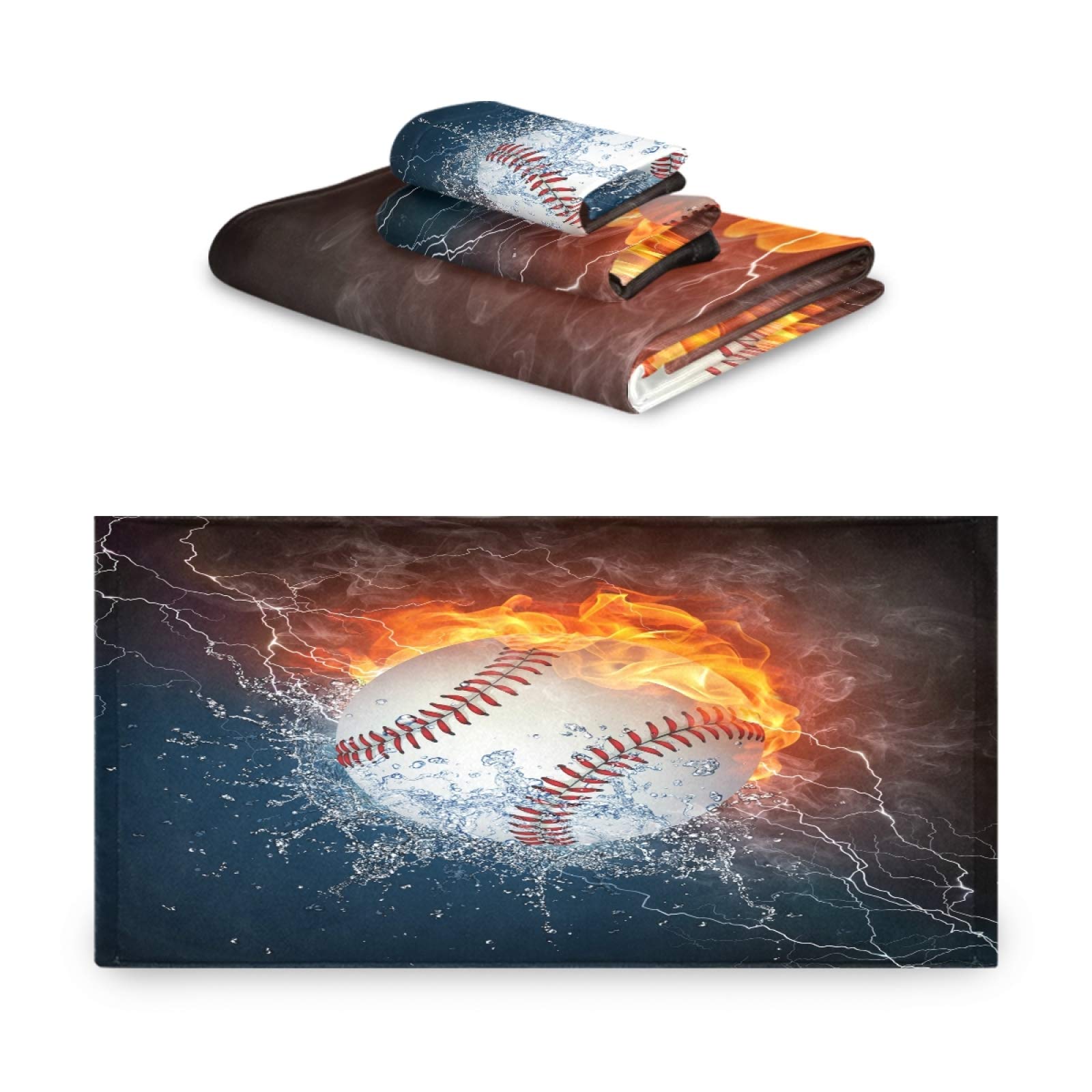 Premium 3-Piece Bath Towel Set - 1 Bath Towel, 1 Hand Towel & 1 Washcloth | Ultra Soft Absorbent Baseball Water Fire Design | Perfect for Home, Kitchen, Hotel, Gym, Swim & Spa | Quick-Drying & Multi-Purpose Bathroom Essentials