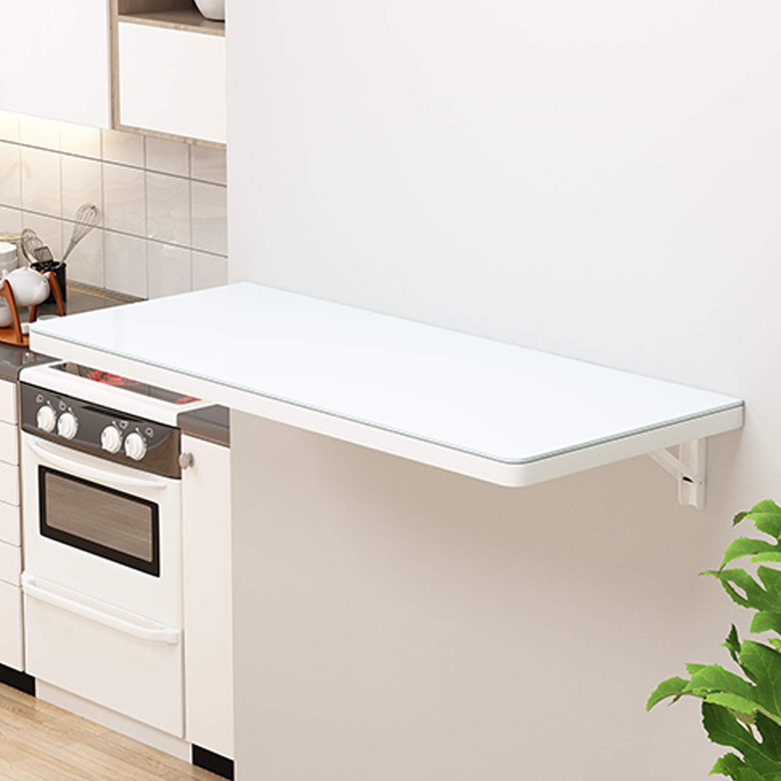 Tempered Glass Wall Mounted Folding Table - White Marble Drop Leaf Desk for Computer, Kitchen, Dining & Home Office | Space-Saving Floating Writing Desk for Small Apartments & Bars