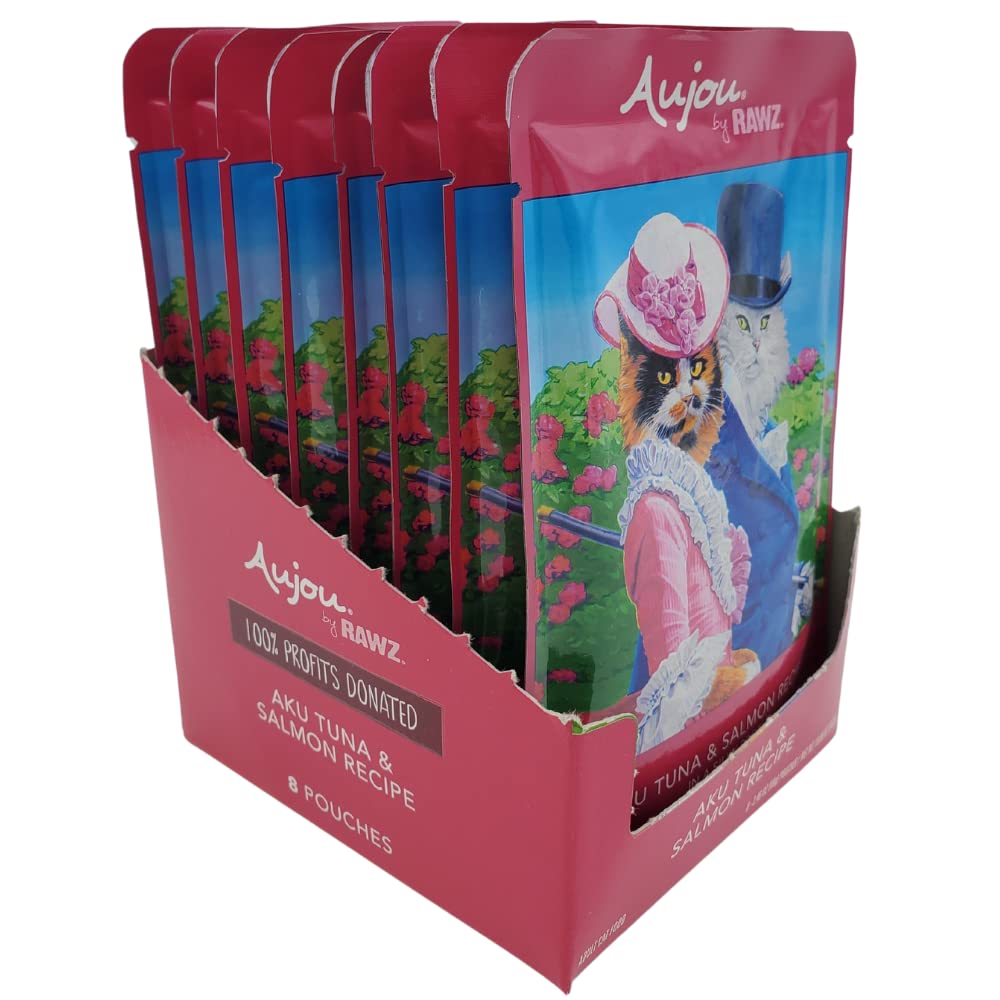 Premium Rawz Aujou Aku Tuna & Salmon Cat Food - Grain-Free, High-Protein Wet Cat Food (8 Pack of 2.46 oz Pouches) - Perfect for Adult Cats & Kittens with Sensitive Stomachs - Ideal for Mealtime, Travel & Outdoor Adventures