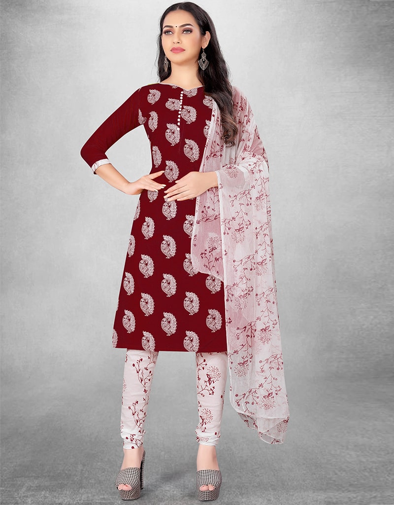 Burgundy Slub Cotton Chudidar Suit for Women - Elegant Indian Ethnic Wear for Parties, Weddings & Festive Occasions