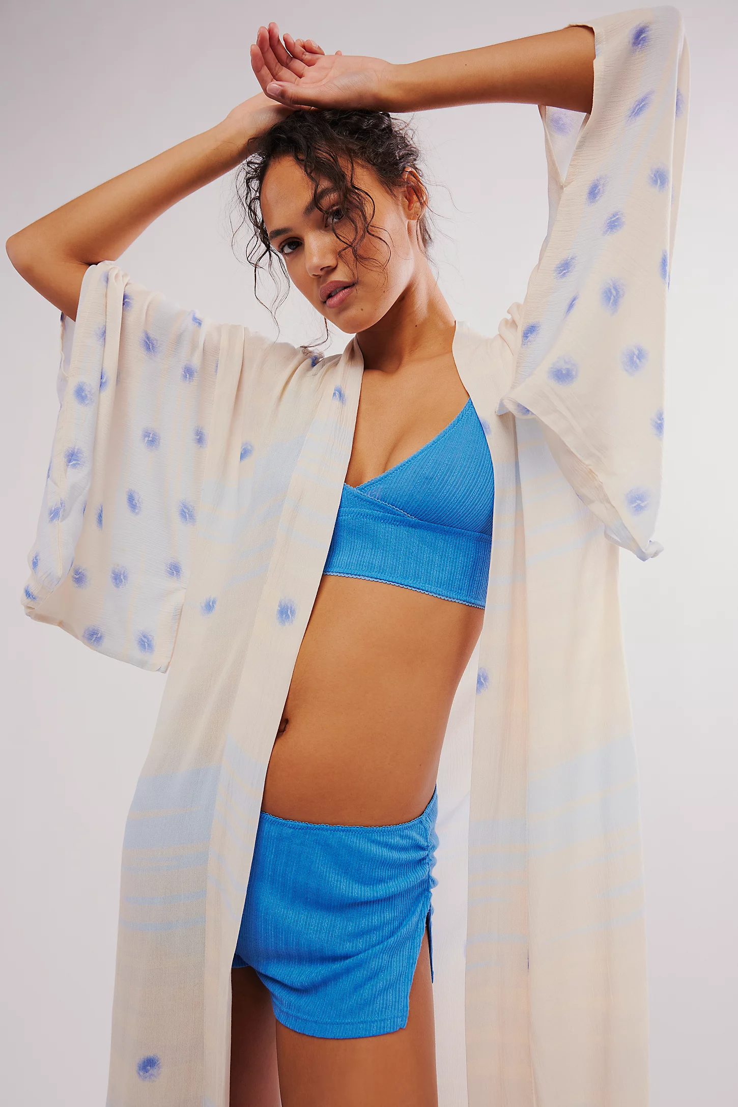Soft Blue Dot Kimono - Lightweight Floral Printed Japanese Robe for Women - Perfect for Spa, Yoga, and Relaxation at Home