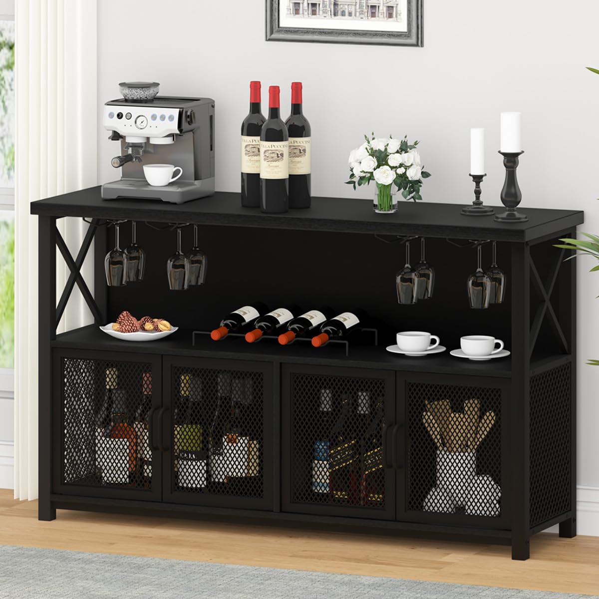 LVB Black Coffee Bar Cabinet - Modern Liquor Cabinet with Wine Rack Storage for Kitchen, Dining Room & Home Bar - Farmhouse Style Sideboard Buffet for Wine Glasses & Bottles Organization - Perfect for Entertaining Guests & Stylish Home Decor (47