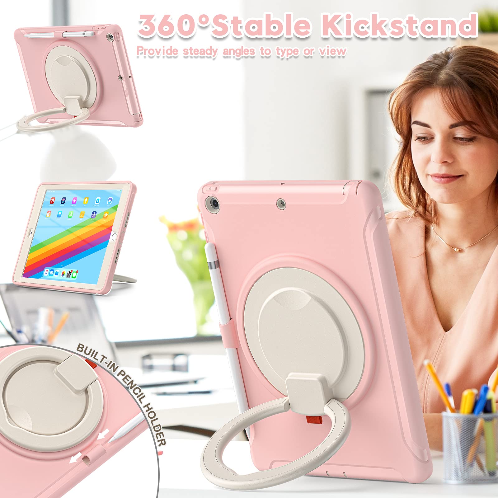 BATYUE iPad 9th/8th/7th Generation Case (10.2 inch 2021/2020/2019 Model) - Shockproof Rotating Stand Cover with Built-in Screen Protector, Apple Pencil Holder & Cap Storage - Perfect for Work, School & Travel (Cherry Pink)