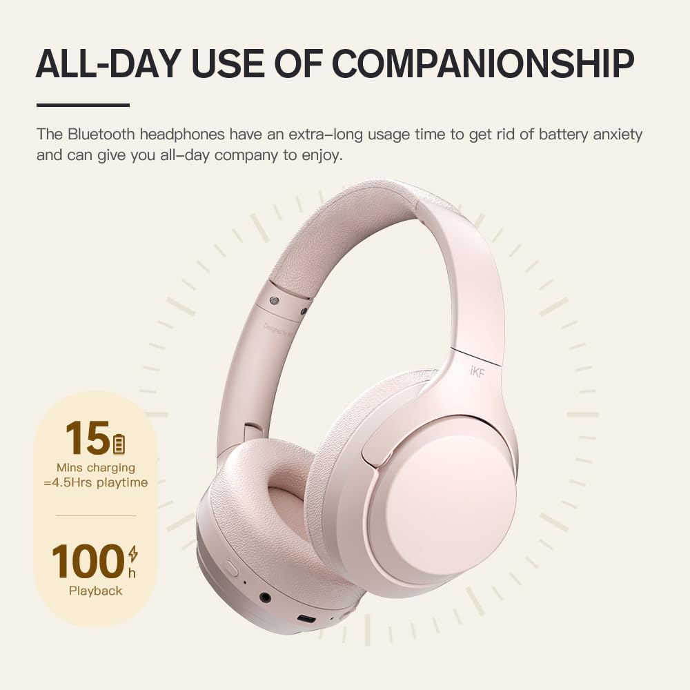 iKF T1 Pro Wireless & Wired Bluetooth Headphones with Noise Cancelling Mic, 100H Playtime, Hi-Fi Stereo Bass, Dual Device Pairing for iOS/Android - Perfect for Workouts, Commuting & Gaming (Pink)