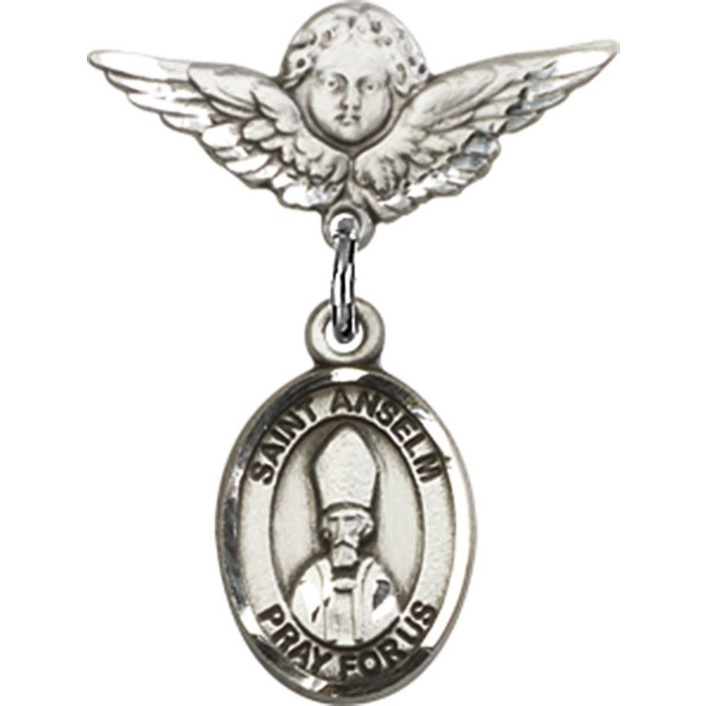 St. Anselm of Canterbury Sterling Silver Baby Badge with Angel Wing Charm - 7/8 x 3/4 Inch Religious Pin for Christening, Baptism & First Communion Gifts
