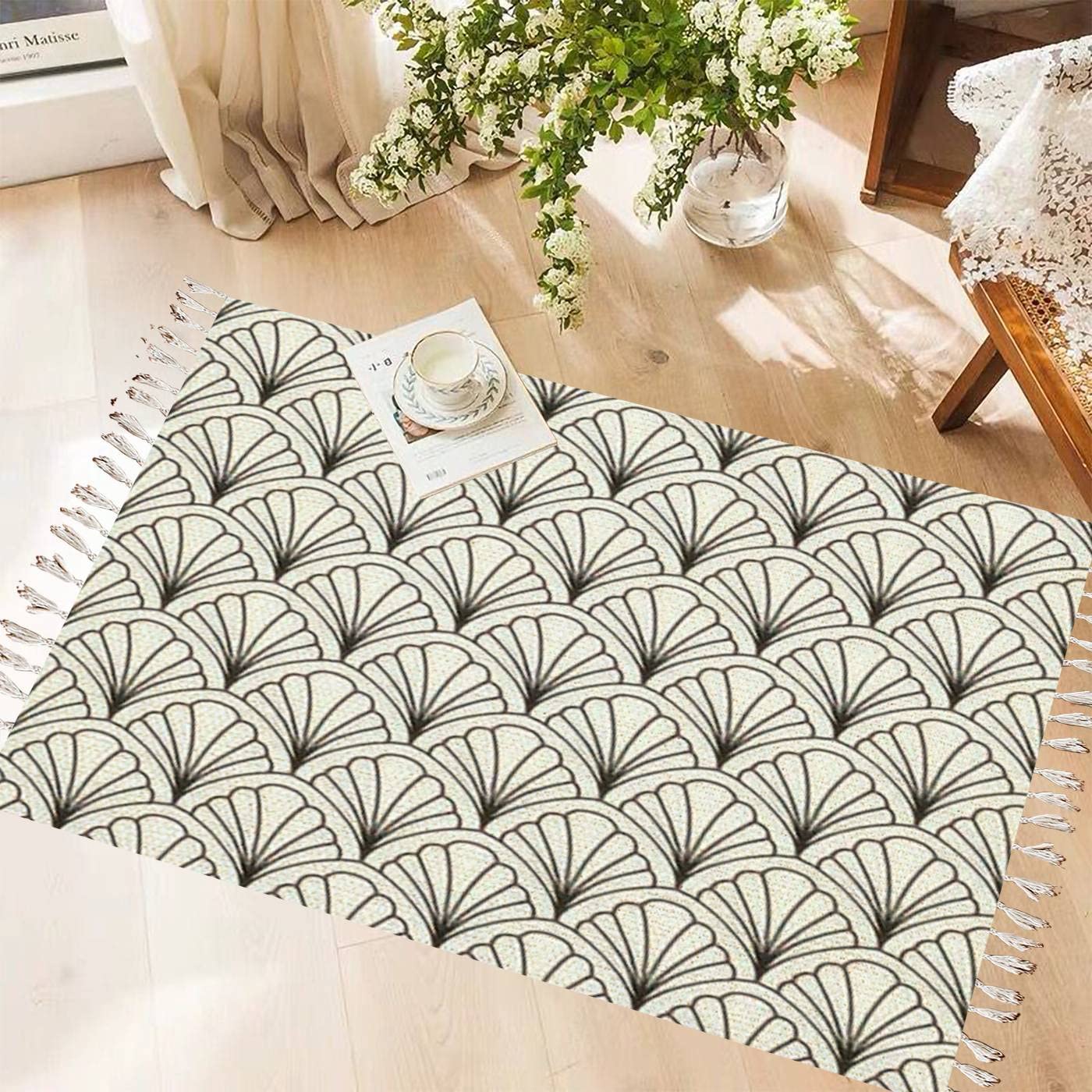 Vintage Cotton & Linen Boho Rug with Tassels - Persian Inspired Geometric Pattern, Washable Area Rug for Living Room, Bedroom, Kitchen & Bathroom Decor - Indoor/Outdoor Bohemian Throw Carpet