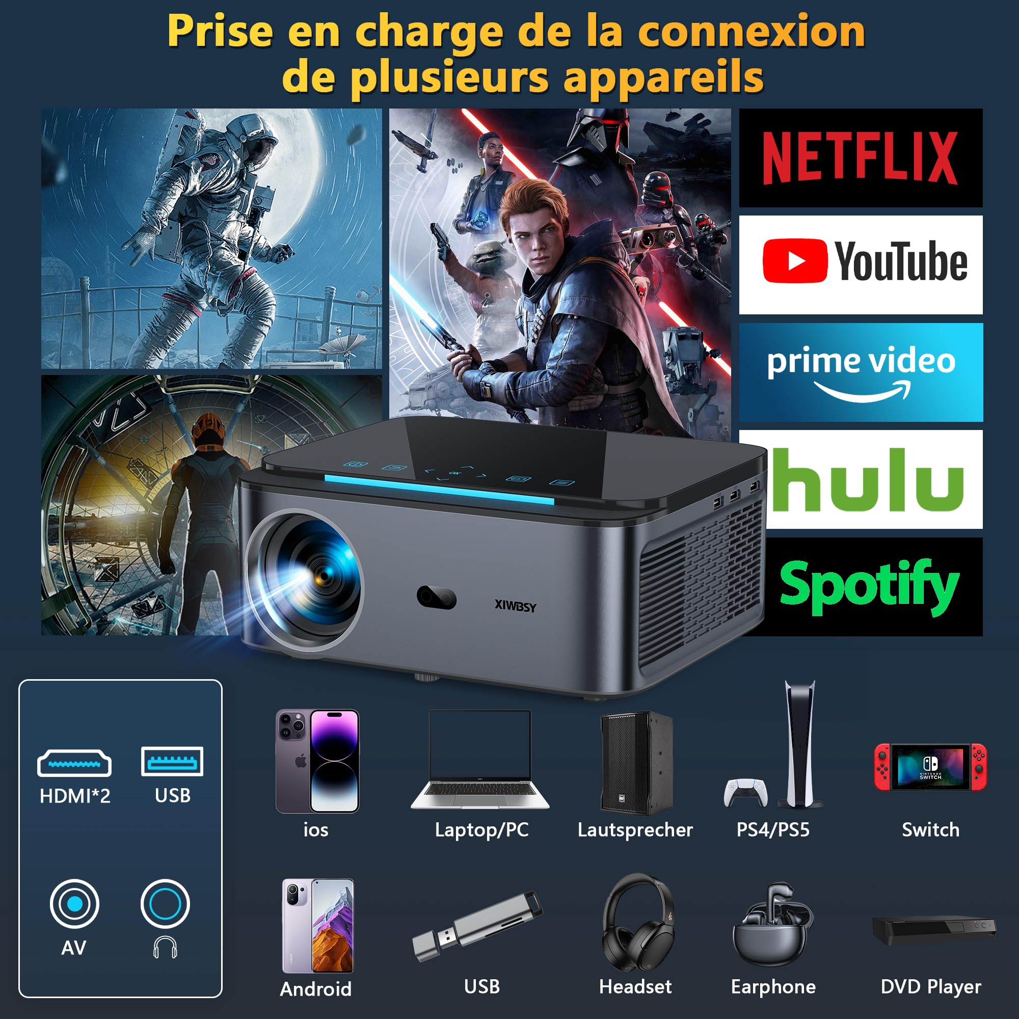 XIWBSY 4K WiFi 6 Bluetooth Projector - 25000 Lumens, 1080P Full HD, 50% Zoom, 300