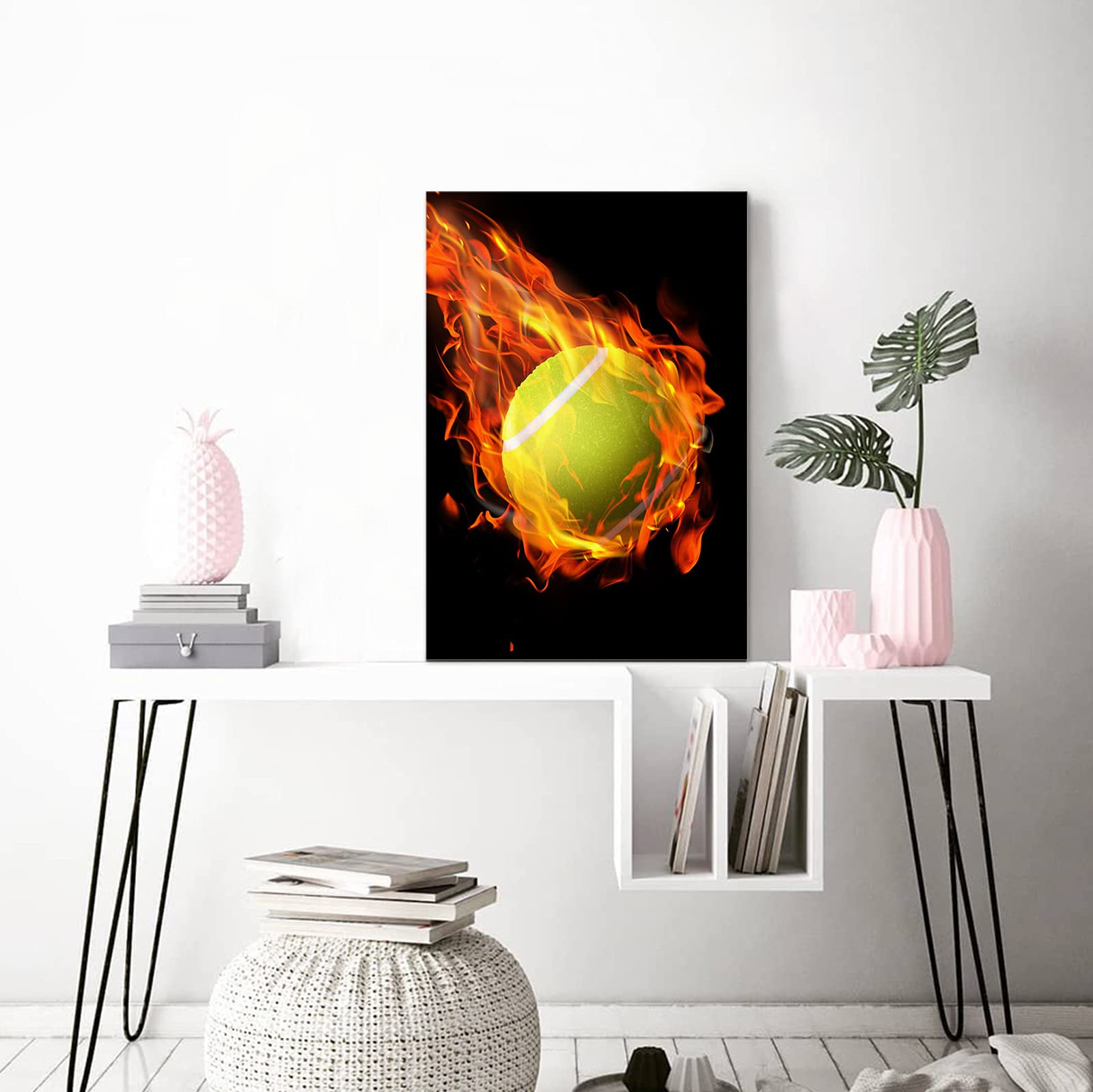 Premium Sports Wall Art Canvas Print - 24x36 Inch Tennis Ball with Fire Flame Design - Ready to Hang Framed Decor for Living Room, Bedroom & Office - Perfect for Home Gym, Man Cave & Sports Fan Gifts