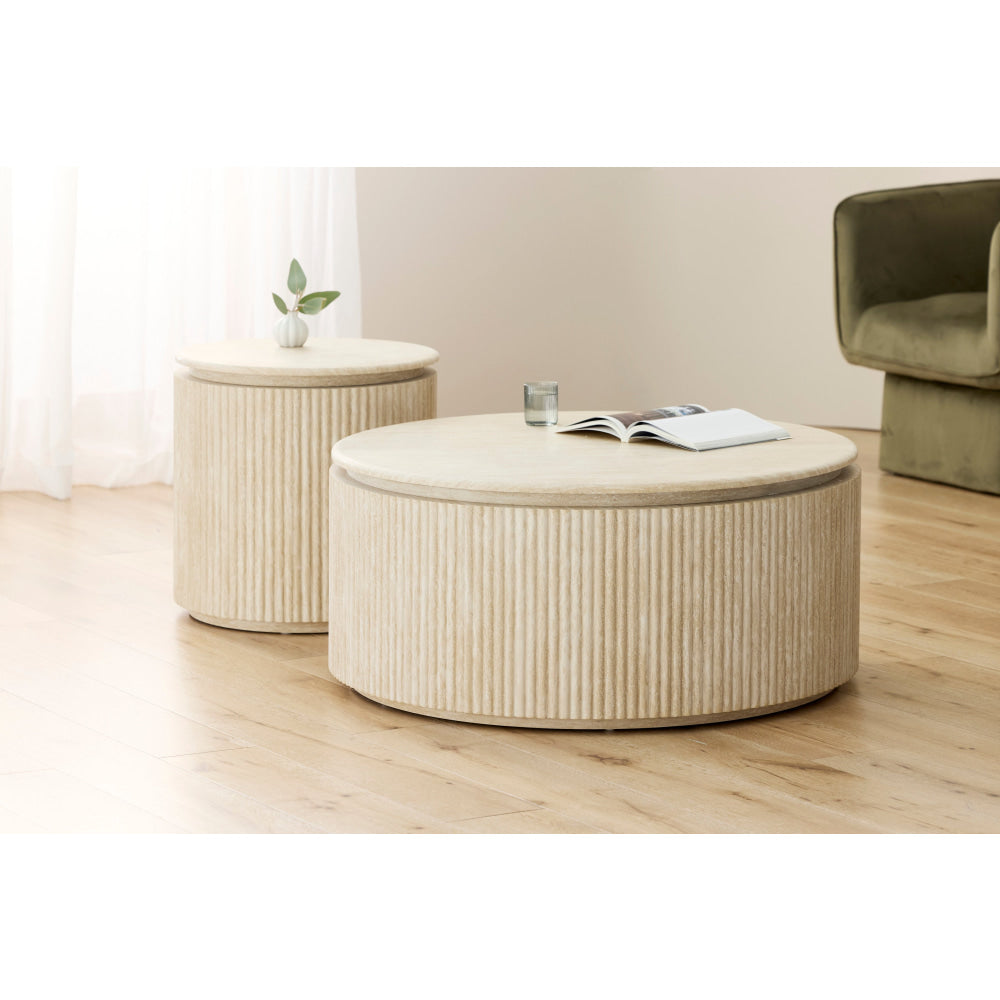 Modern Round End Table with Faux Marble and Wooden Frame - Side Lamp Table for Living Room, Bedroom, or Office - Travertine Finish for Elegant Home Decor