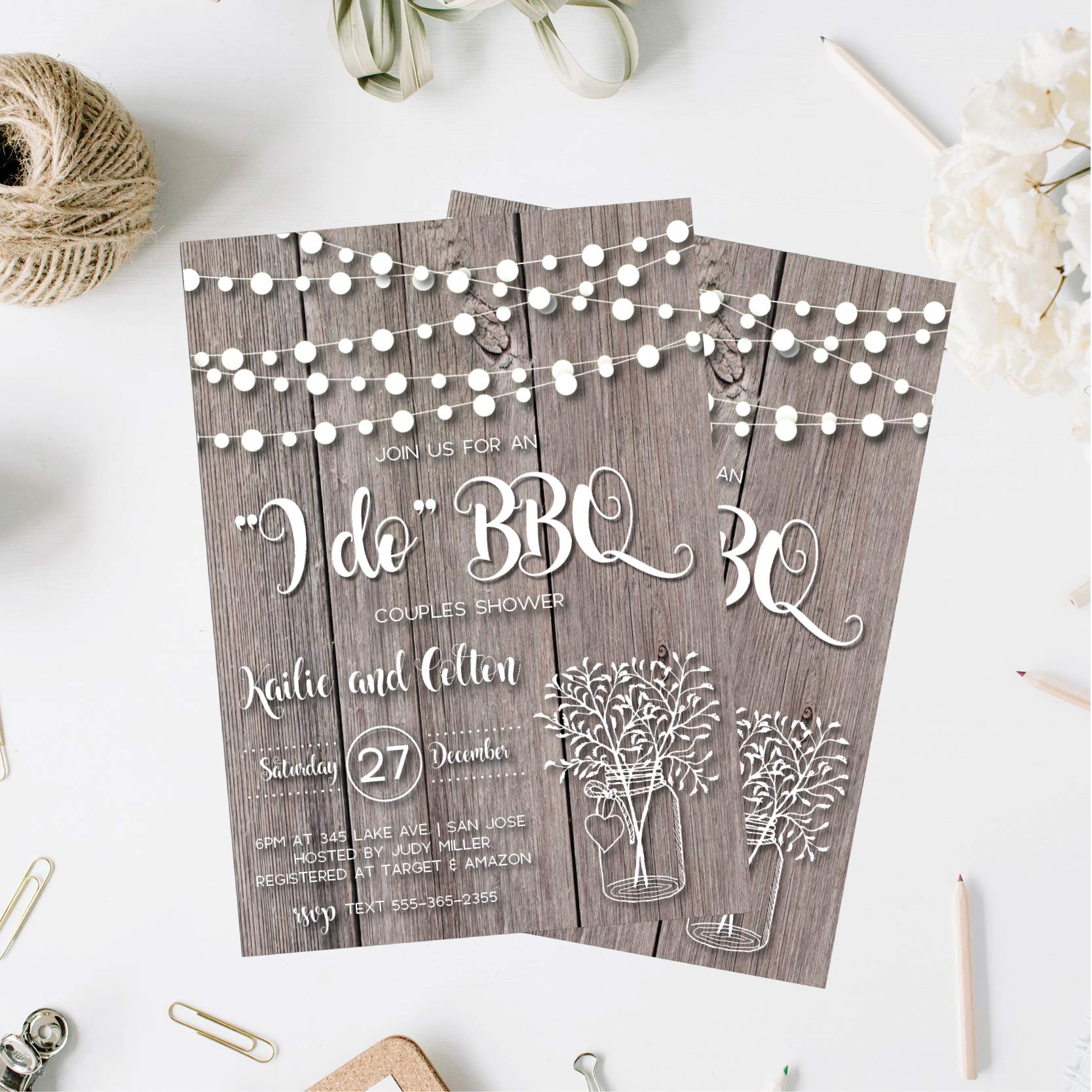 Rustic I Do BBQ Shower Invitations for Couples - Wood & Mason Jar Design with String Lights | Wedding Shower Invites | Perfect for Outdoor BBQ, Engagement Parties & Country-Themed Celebrations