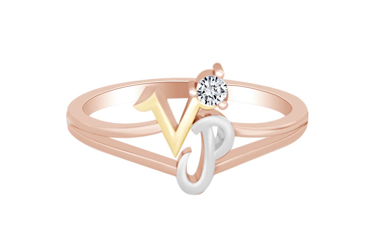 Natural Diamond Accent Initial Letter V & P Solitaire Ring - 14k Gold Over Sterling Silver Round White Ring for Women - Perfect for Anniversary, Engagement, Wedding & Gift Giving