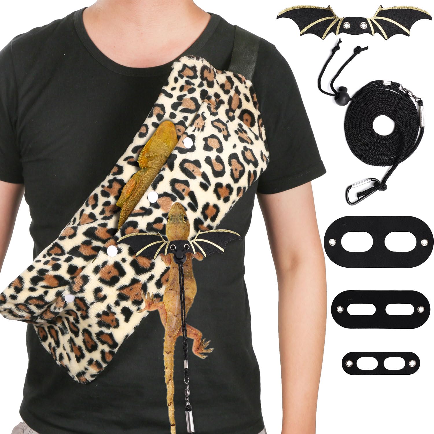 Adjustable Leather Bearded Dragon Leash & Winged Backpack - Reptile Carrier Harness for Outdoor Walking, Travel & Rest - Perfect for Pet Lizard Adventures & Safe Transport