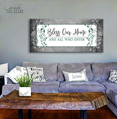 Bless Our Home Sign - Large Canvas Wall Art for Front Door & Entryway Decor, Housewarming Gift (Green, 42x19) - Perfect for Living Room, Bedroom & Home Interior Design