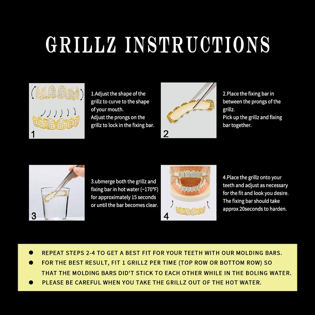 JINAO 4 Teeth Grillz - 14K Gold Plated Silver Hip Hop Grillz for Men & Women | Top & Bottom Tooth Jewelry | Perfect for Parties, Concerts & Rap Performances