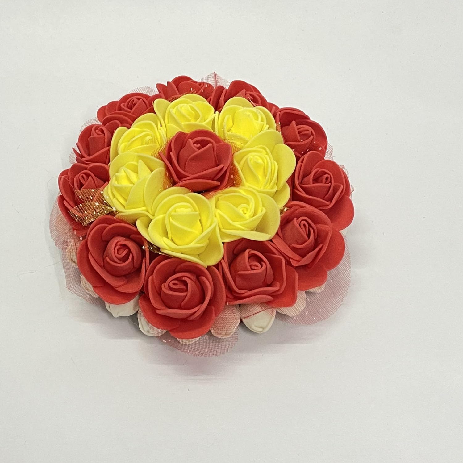 Maahal Bun Juda Gajra Maker Flower Bridal Hair Accessories for Women and Girls - Red & Yellow Floral Hair Jewelry for Weddings, Parties & Festivals
