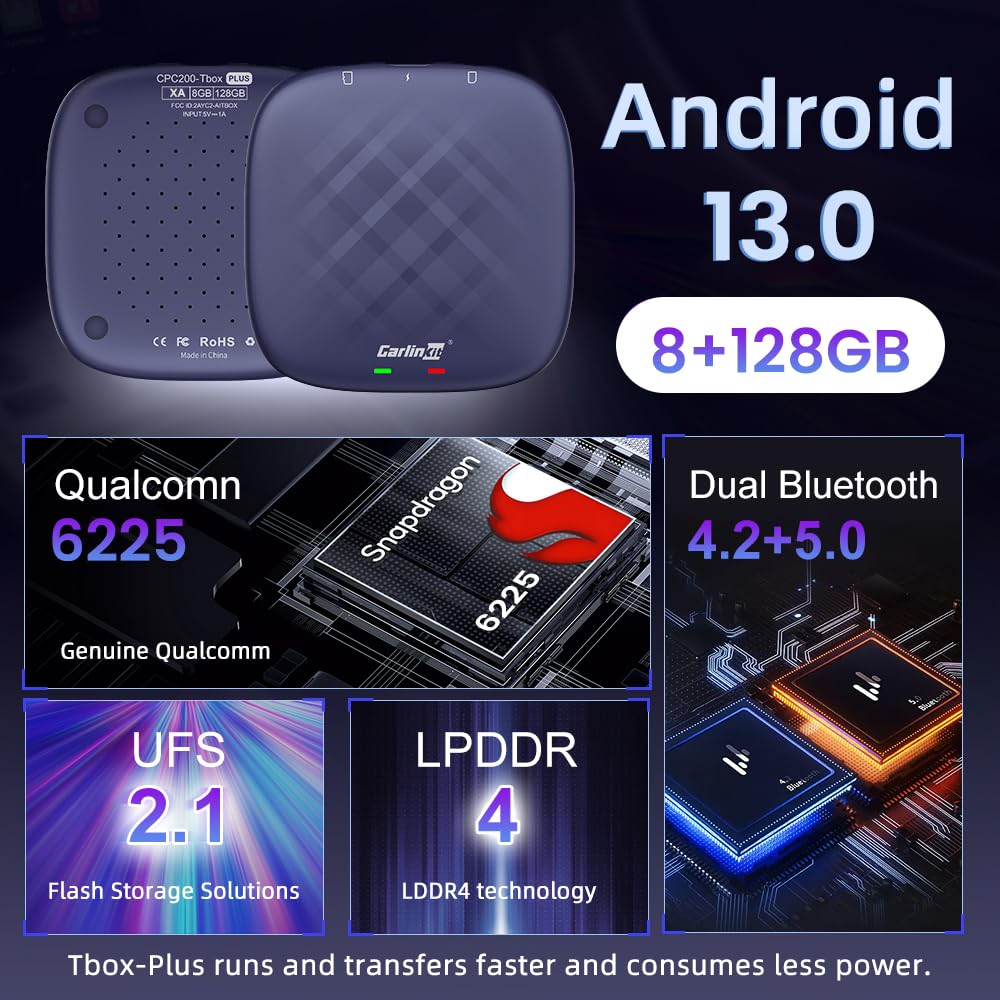 Carlinkit Android 13.0 AI Box Adapter - Wireless CarPlay & Android Auto AI Box Max (8GB+128GB) for Touchscreen Cars with 4G Network, Dual Bluetooth, Built-in Google Play/Netflix/YouTube/GPS - Perfect for Streaming, Navigation & Hands-Free Driving in Your Vehicle