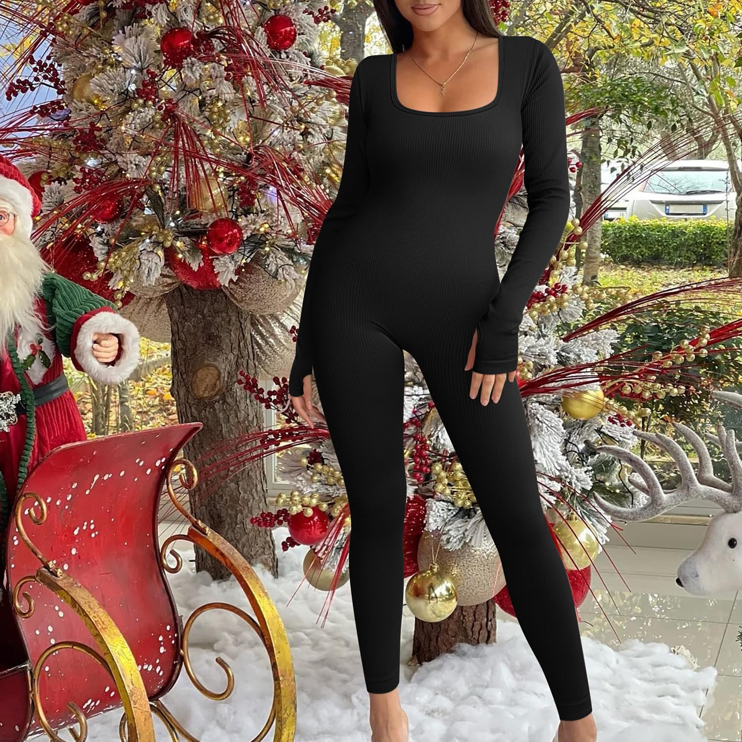 JN JANPRINT Women's Yoga Jumpsuit - Ribbed Square Neck Long Sleeve Bodycon Romper for Yoga, Gym & Workout | Stretchy One-Piece Sportswear for Fitness, Dance & Active Lifestyle