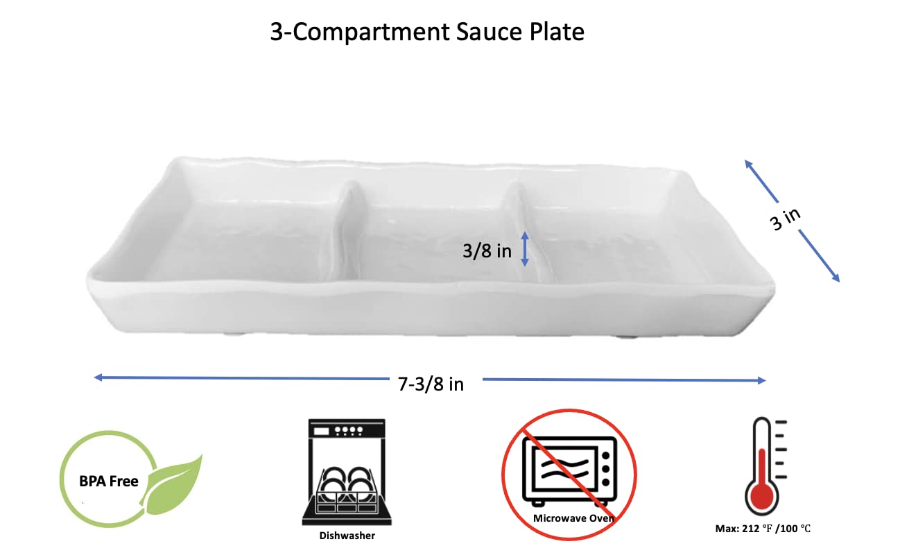 Melamine Soy Sauce Dishes - 3-Compartment Divided Plastic Dipping Plates, White (12-Pack) - Perfect for Sushi, Dumplings & Asian Cuisine