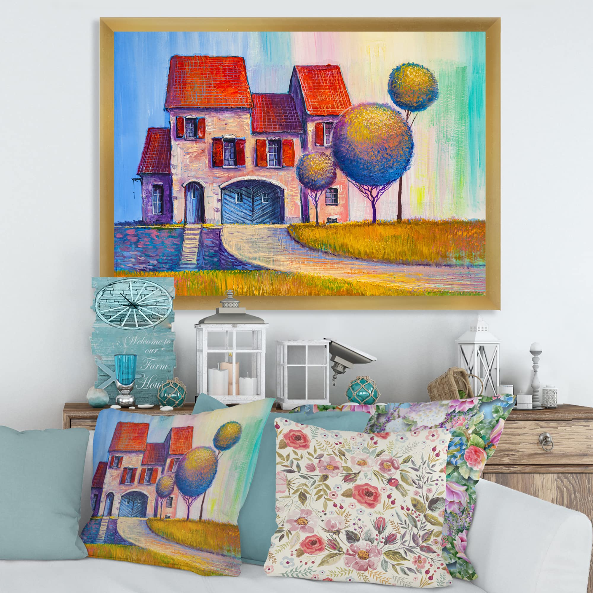 Modern Framed Wall Art - Red Roof Village House Design for Living Room, Bedroom & Office Decor | Home & Interior Design