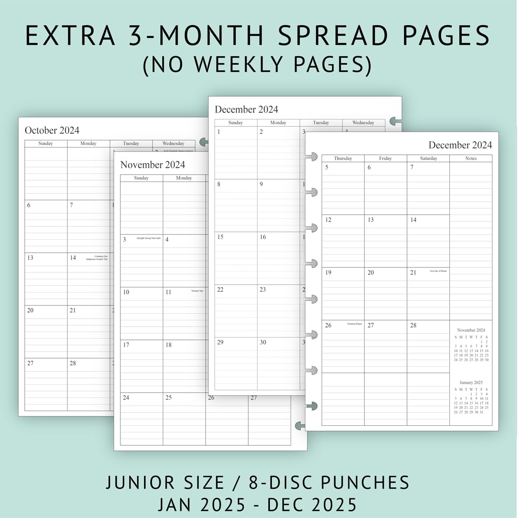 2025 Weekly & Monthly Planner Refill for 8-Discbound Planners - 2 Pages Per Week, Junior Size 5.5