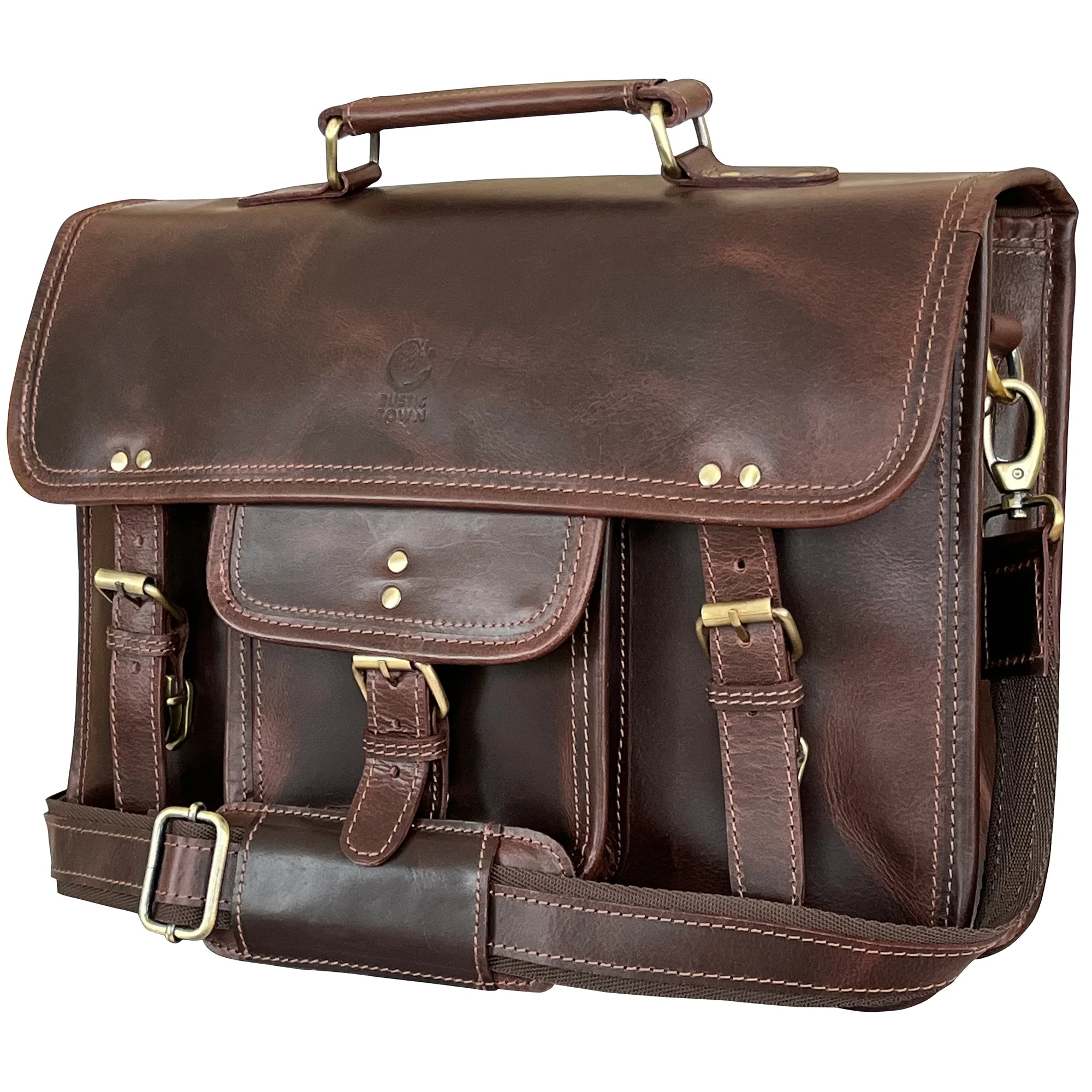 Hunter Buffalo 16 Classic Leather Satchel Briefcase Bag for Men & Women - Genuine Walnut Brown Business Bag - Perfect for Office, Work, Travel & Daily Commute