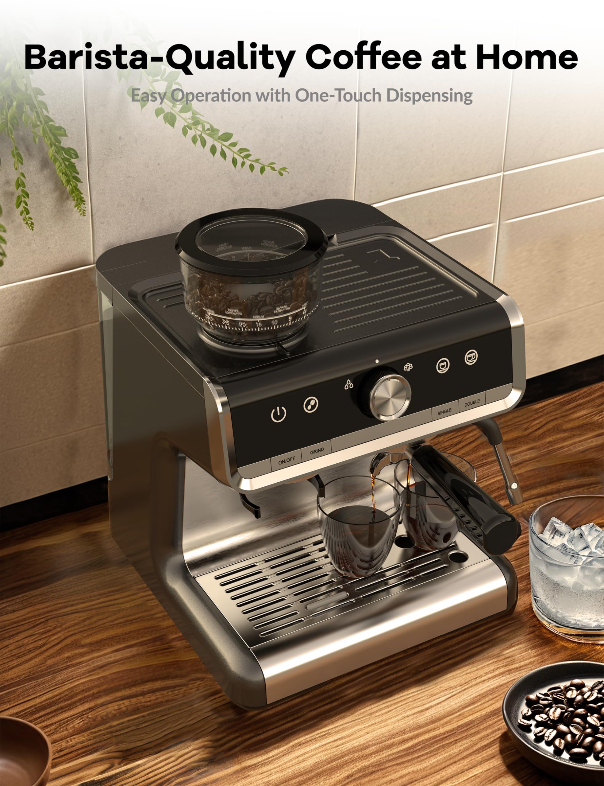 20 Bar Espresso Coffee Machine with Milk Frother - 2.8L Removable Water Tank, 1450W Semi-Automatic Espresso Maker with Built-in Grinder for Latte & Cappuccino - Perfect for Home Baristas & Coffee Lovers (Great Gift Idea for Holidays & Special Occasions)