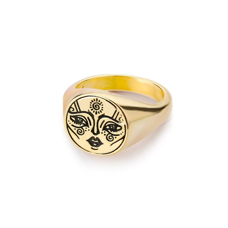 Vintage Minimalist Sun Face Ring for Women - Stainless Steel Jewelry in Gold Size 7 - Perfect for Boho Style, Everyday Wear & Unique Gift Giving