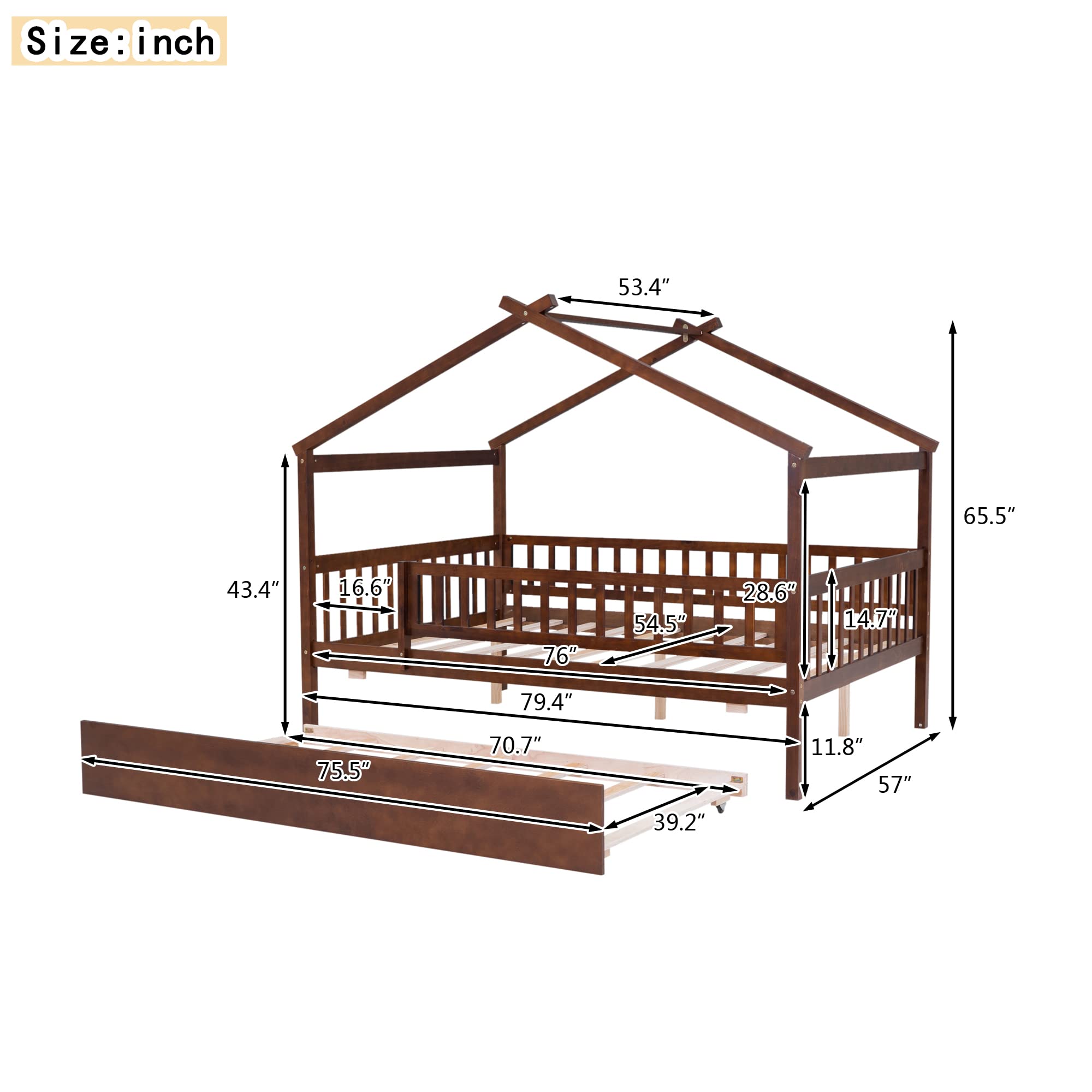 RUNNA Full Size Wooden House Bed with Twin Trundle & Roof - Solid Wood Platform Bed with Headboard & Footboard for Kids, Toddlers & Teens - Perfect for Bedrooms, Playrooms & Sleepovers (Walnut Finish, Full Size)
