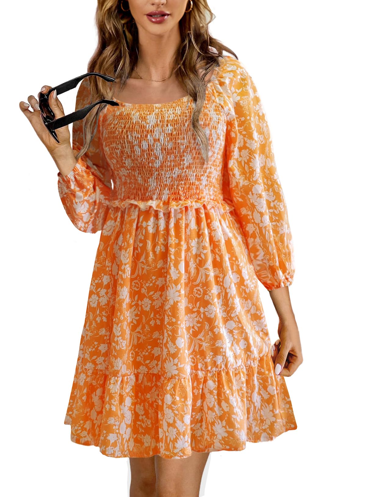 2025 Women's Summer Floral Print 3/4 Puff Sleeve Square Neck A-Line Mini Dress - Casual Swing Dress for Beach Vacation, Party & Date Night