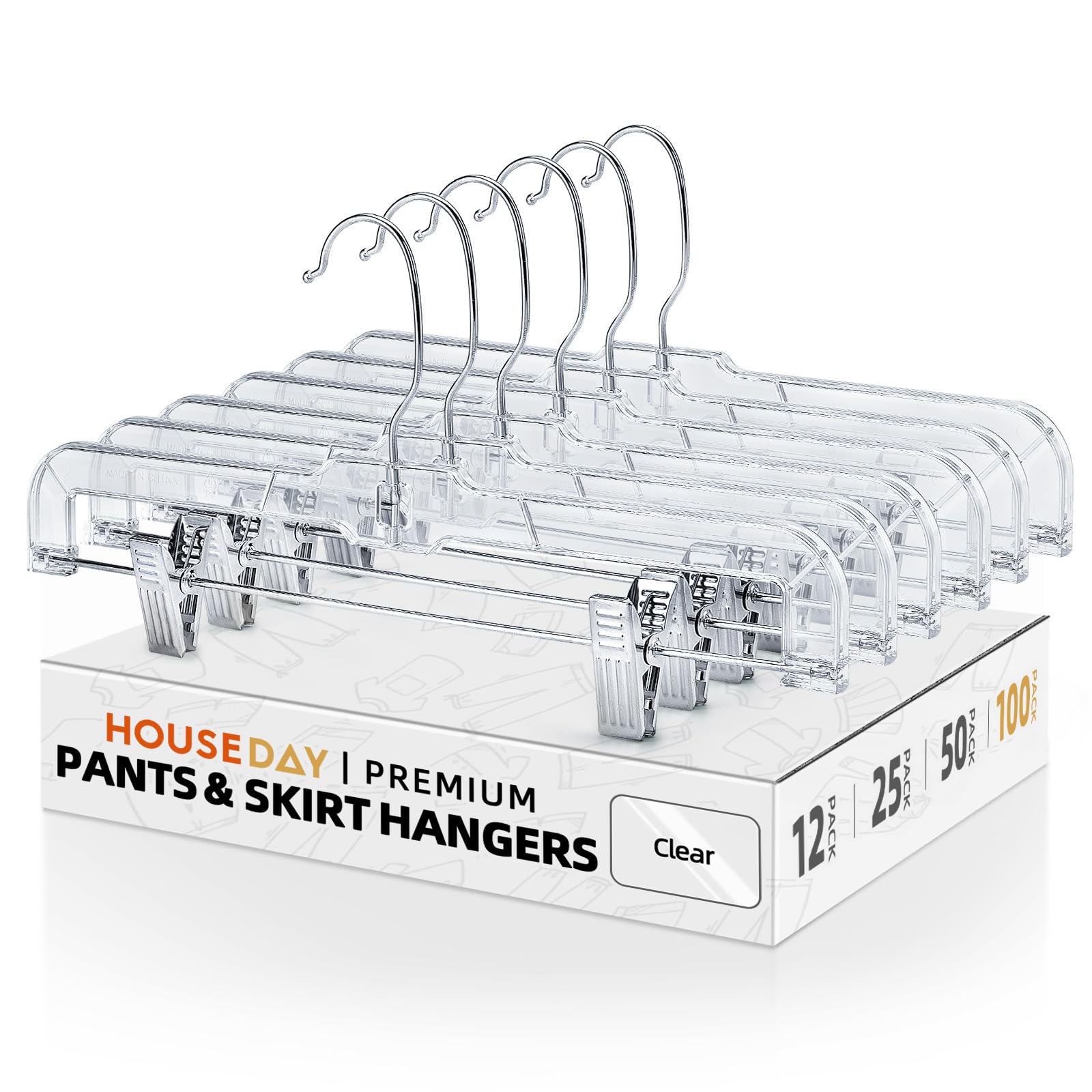 100 Pack Clear Plastic Skirt Hangers with 2 Adjustable Non-Slip Clips - Perfect for Pants, Skirts, Shorts - Ideal for Closet Organization & Retail Display