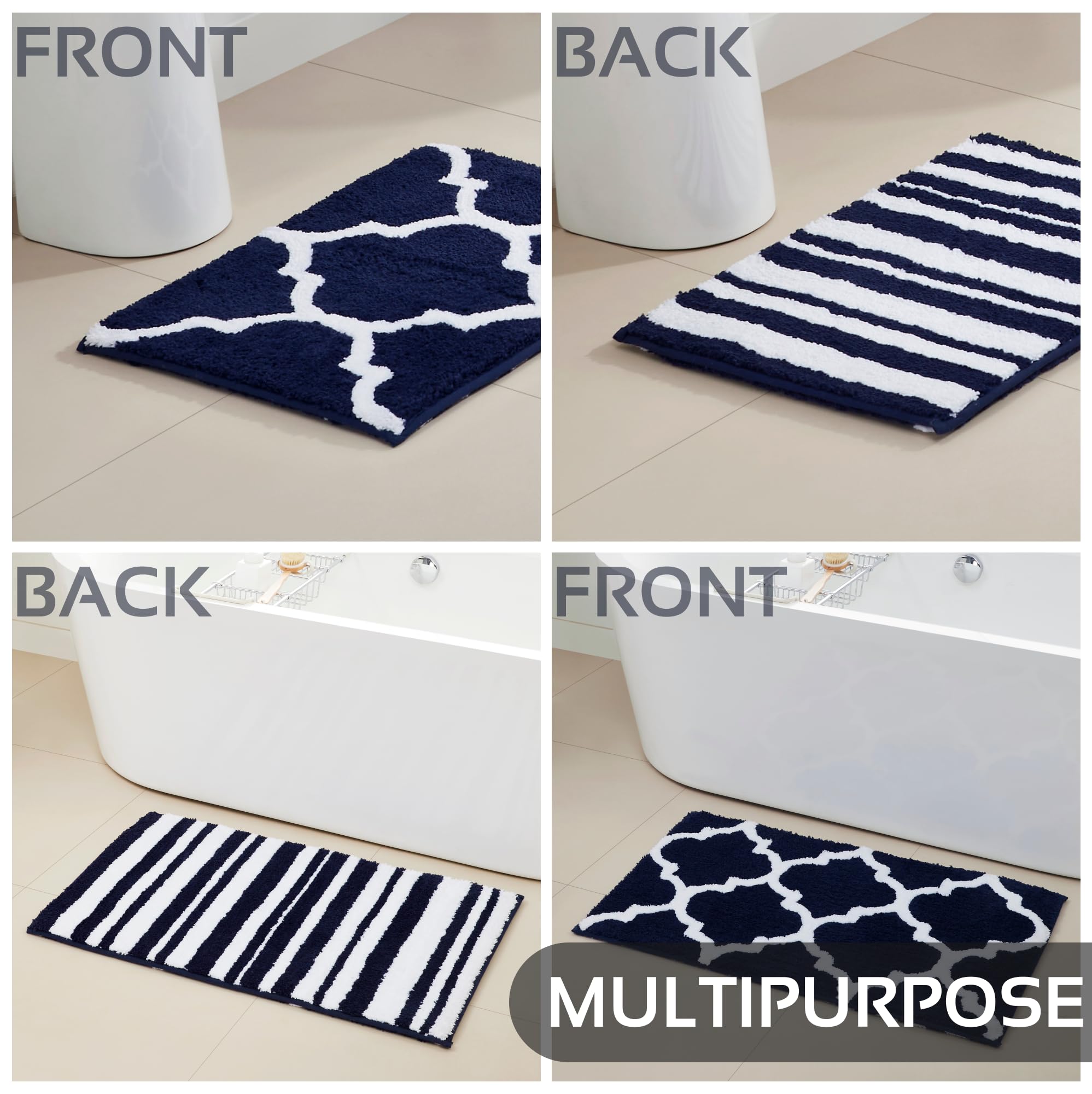 Better Trends Marrakesh Collection - 100% Polyester Reversible Bath Rug & Water Absorbent Doormat - Navy Blue 20