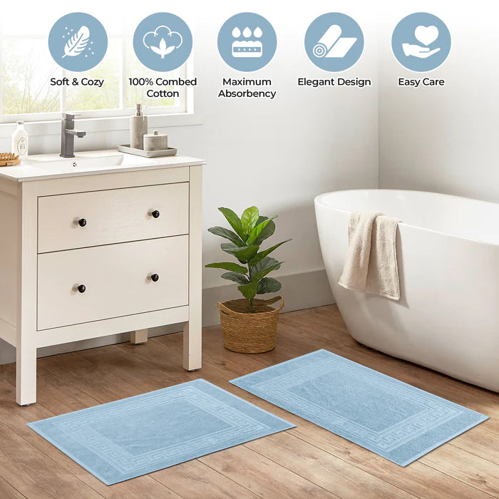 Premium Cotton 2-Piece Greek Key Border Bath Mat Set - Ultra Absorbent, Non-Slip Bathroom Rug - Perfect for Modern Bathrooms, Master Suites & Spa-Like Retreats