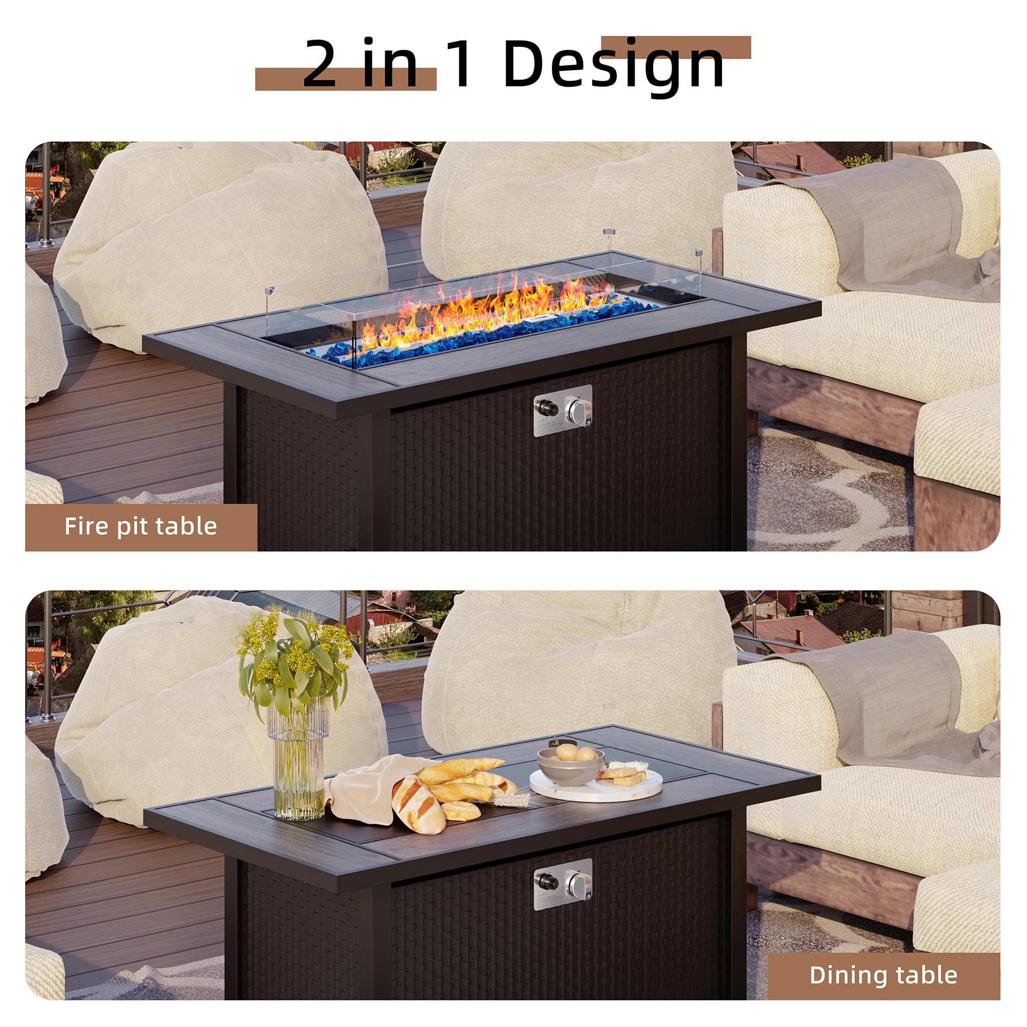 Shintenchi 45 Inch Outdoor Propane Fire Pit Table with Glass Window Protector - 50,000 BTU Steel Gas Fire Pit with Lid, Glass Crystal Stones & Waterproof Cover - Rattan Design for Patio, Backyard, Garden & Party Gatherings - Perfect for Outdoor Entertaining & Cozy Evenings