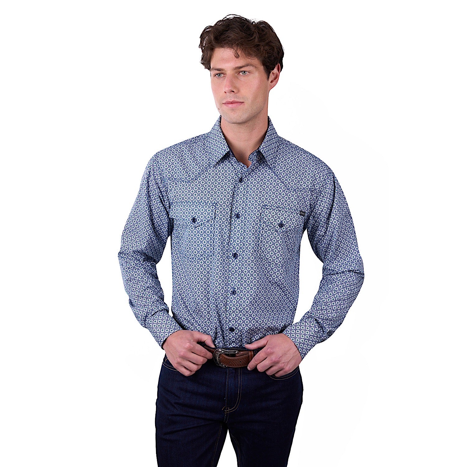 Authentic Western Men's Button Down Shirt with Mark Print - Navy & Teal Colors | Perfect for Cowboy Rides, Country Music Festivals & Western Style Outfits