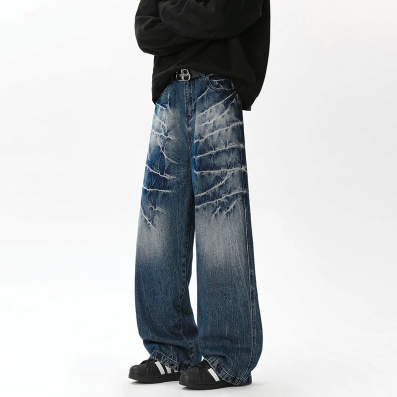 Vintage Washed Baggy Loose Wide Leg Jeans for Men - Lightning Patterned Casual Streetwear with Niche Design (Style 9C9260) | Perfect for Hip-Hop Fashion, Urban Street Style and Retro Outfits
