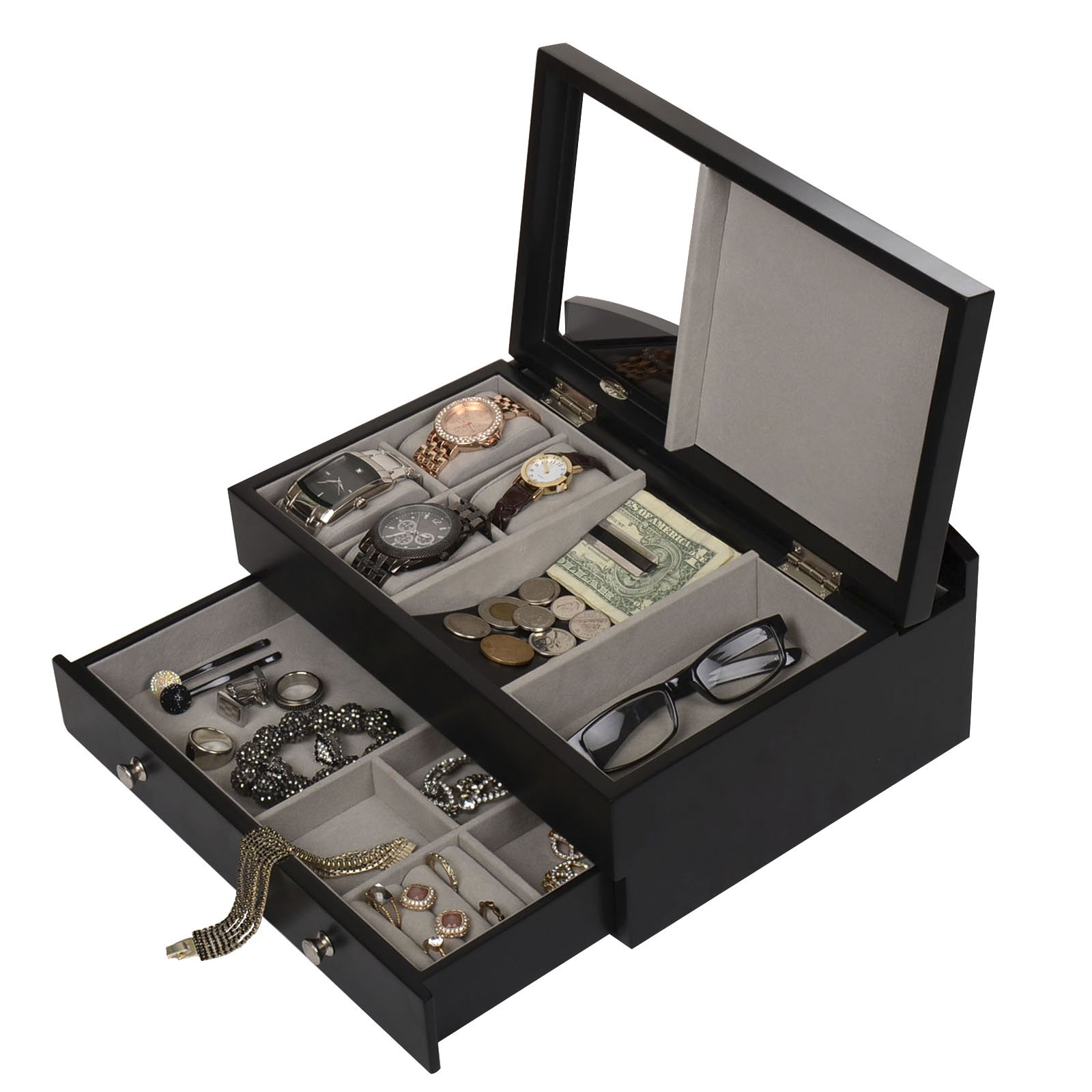 Arolly Men's Black Wood Valet Storage Box - Dresser Accessories Organizer with Pullout Drawer - Perfect for Jewelry, Watches & Small Items Organization in Bedroom or Closet