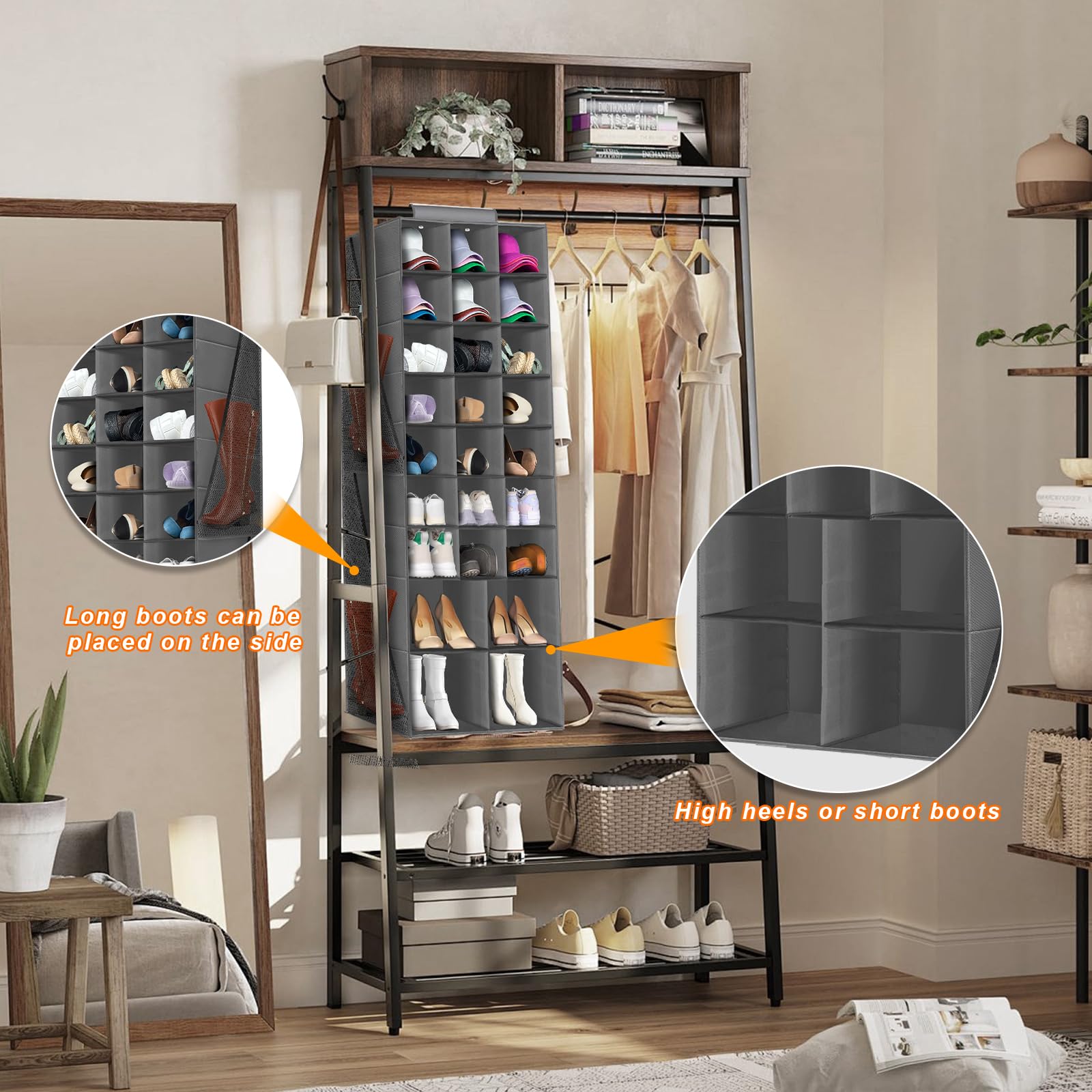 Space-Saving Hanging Shoe Organizer for Closet - 25-Pocket Collapsible Shoe Storage Rack with 4 Large Side Pockets | Perfect for Organizing Shoes, Hats, Clothes & Accessories | Ideal for Small Closets, Dorm Rooms & Apartment Storage (Gray)