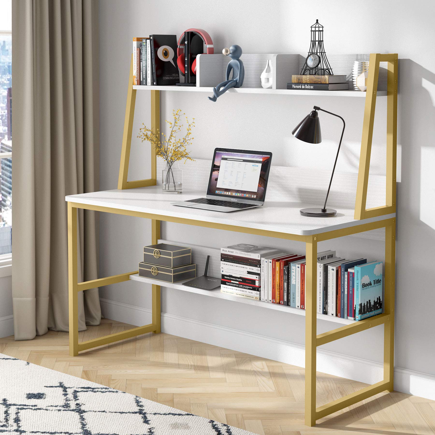 Tribesigns 47 Inch Modern Computer Desk with Hutch and Bookshelf - Home Office Writing Study Desk, Sturdy Workstation for Small Spaces (White) - Perfect for Remote Work, Online Classes & Home Office Setup