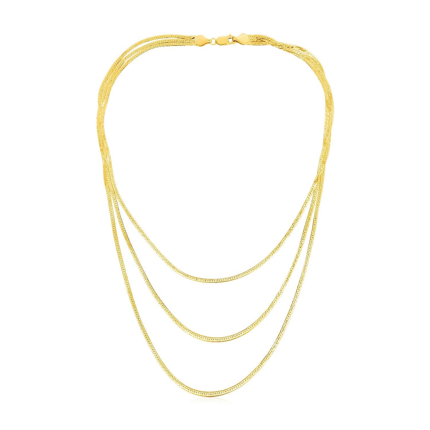 14K Yellow Gold Three Strand Herringbone Chain Necklace for Women - Elegant Layered Necklace Jewelry Gift for Her, Perfect for Weddings, Parties & Everyday Wear